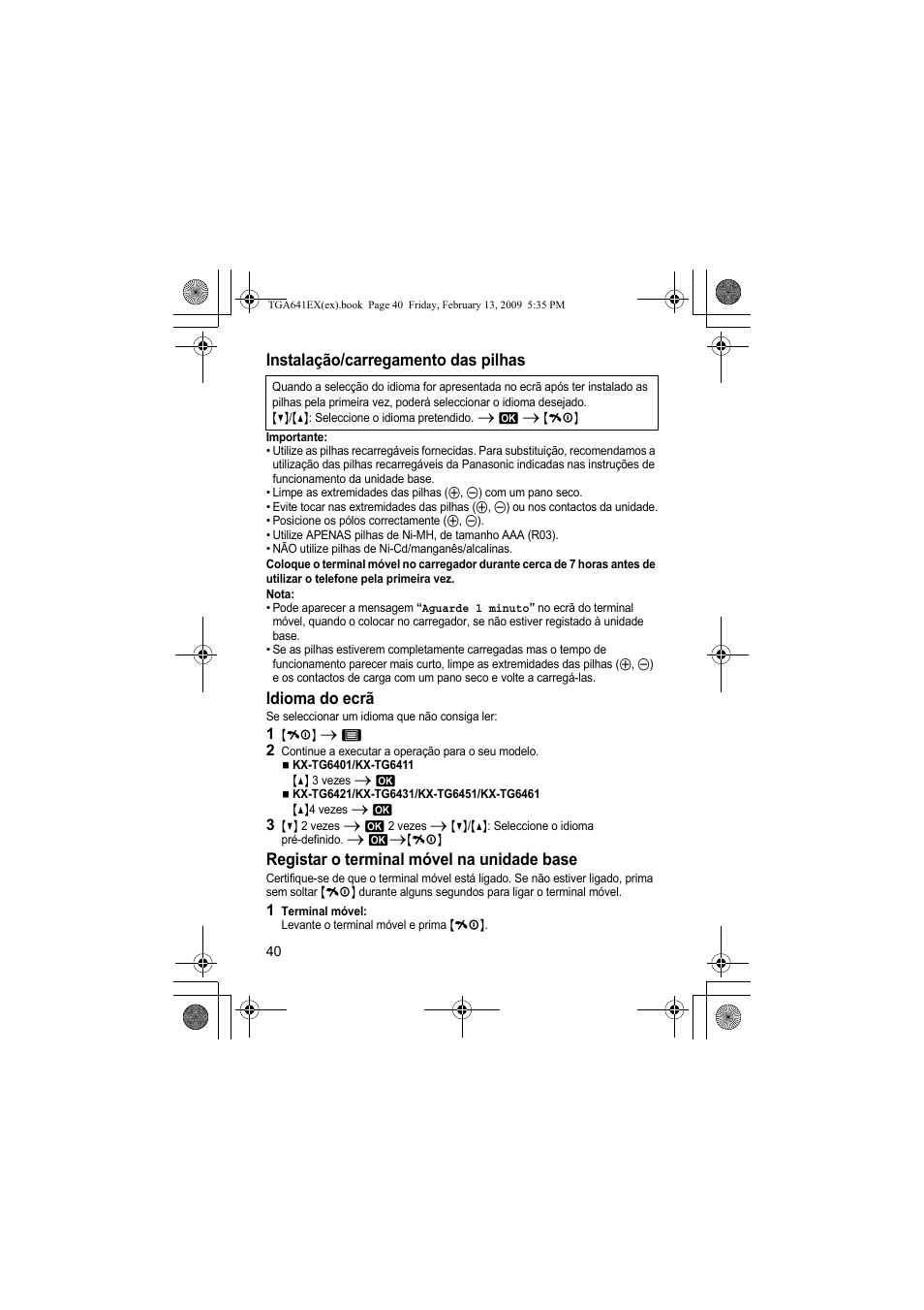 Instalação/carregamento das pilhas, Idioma do ecrã, Registar o terminal móvel na unidade base | Panasonic KXTGA641EX User Manual | Page 40 / 76