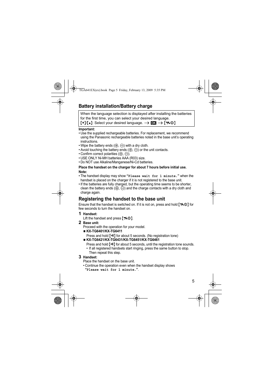 Battery installation/battery charge, Registering the handset to the base unit | Panasonic KXTGA641EX User Manual | Page 5 / 76