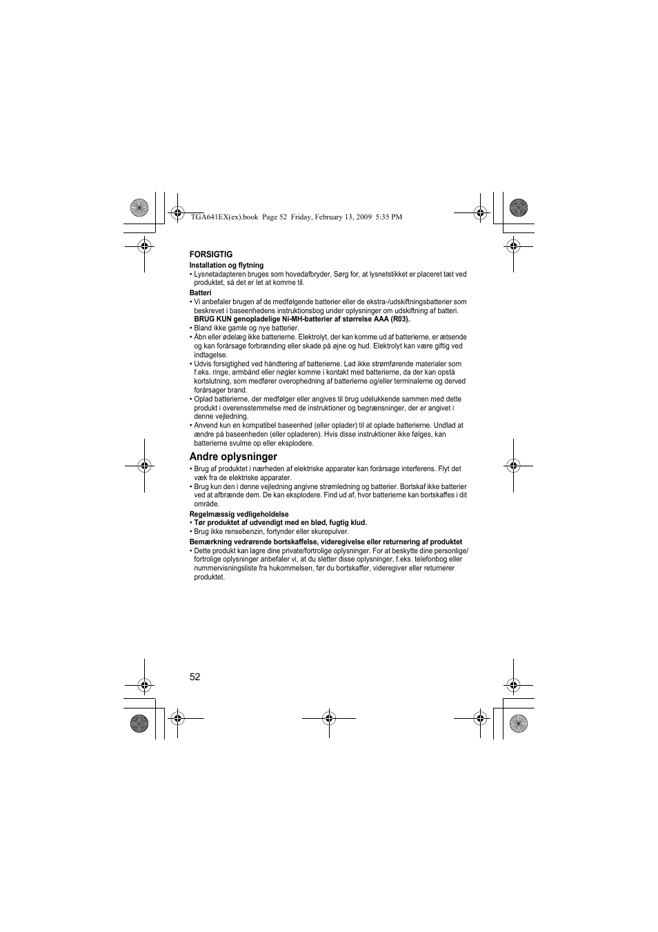 Andre oplysninger | Panasonic KXTGA641EX User Manual | Page 52 / 76