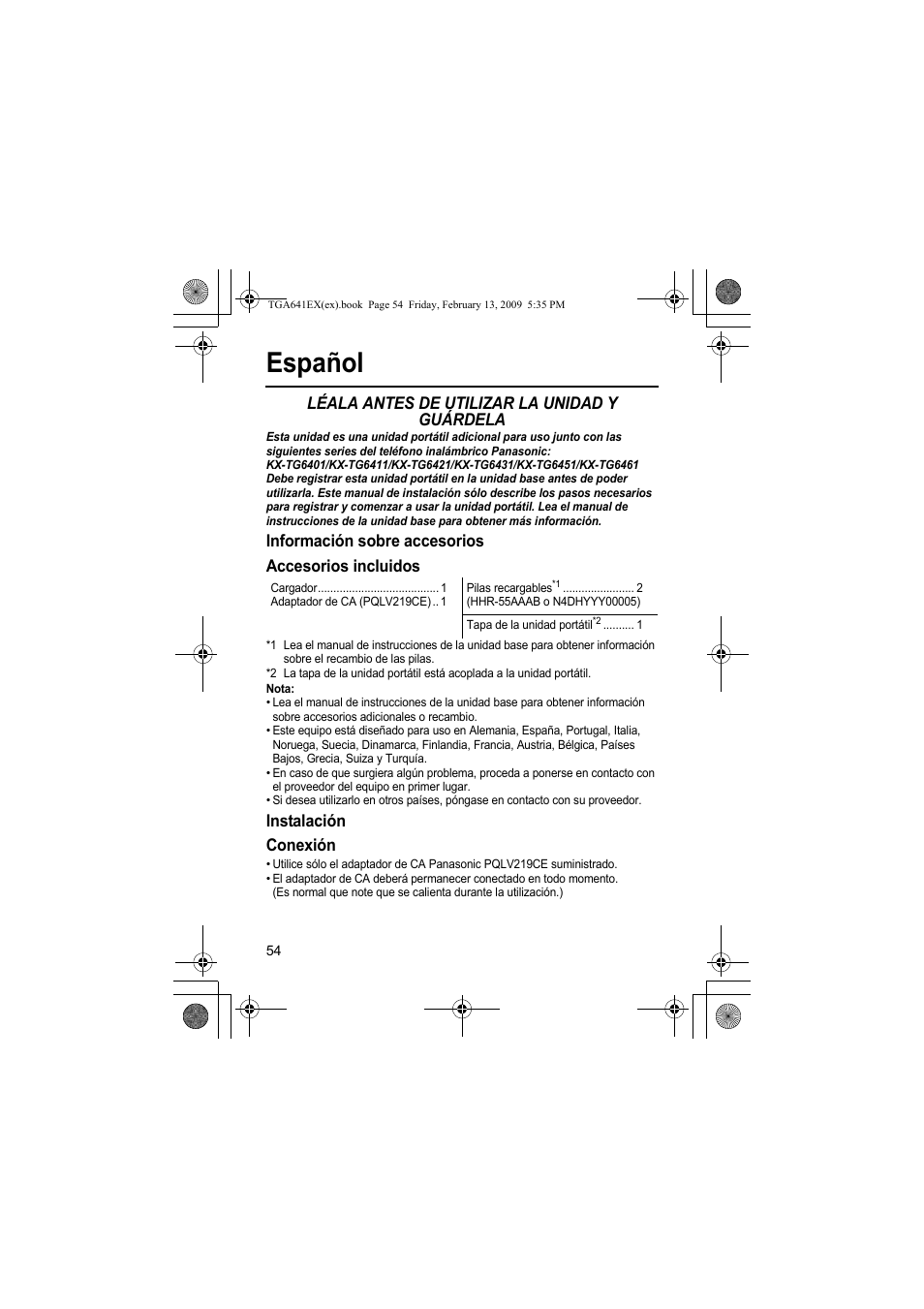 Español, Léala antes de utilizar la unidad y guárdela, Información sobre accesorios accesorios incluidos | Instalación conexión | Panasonic KXTGA641EX User Manual | Page 54 / 76