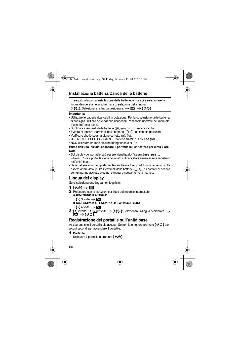 Installazione batteria/carica delle batterie, Lingua del display, Registrazione del portatile sull’unità base | Panasonic KXTGA641EX User Manual | Page 60 / 76