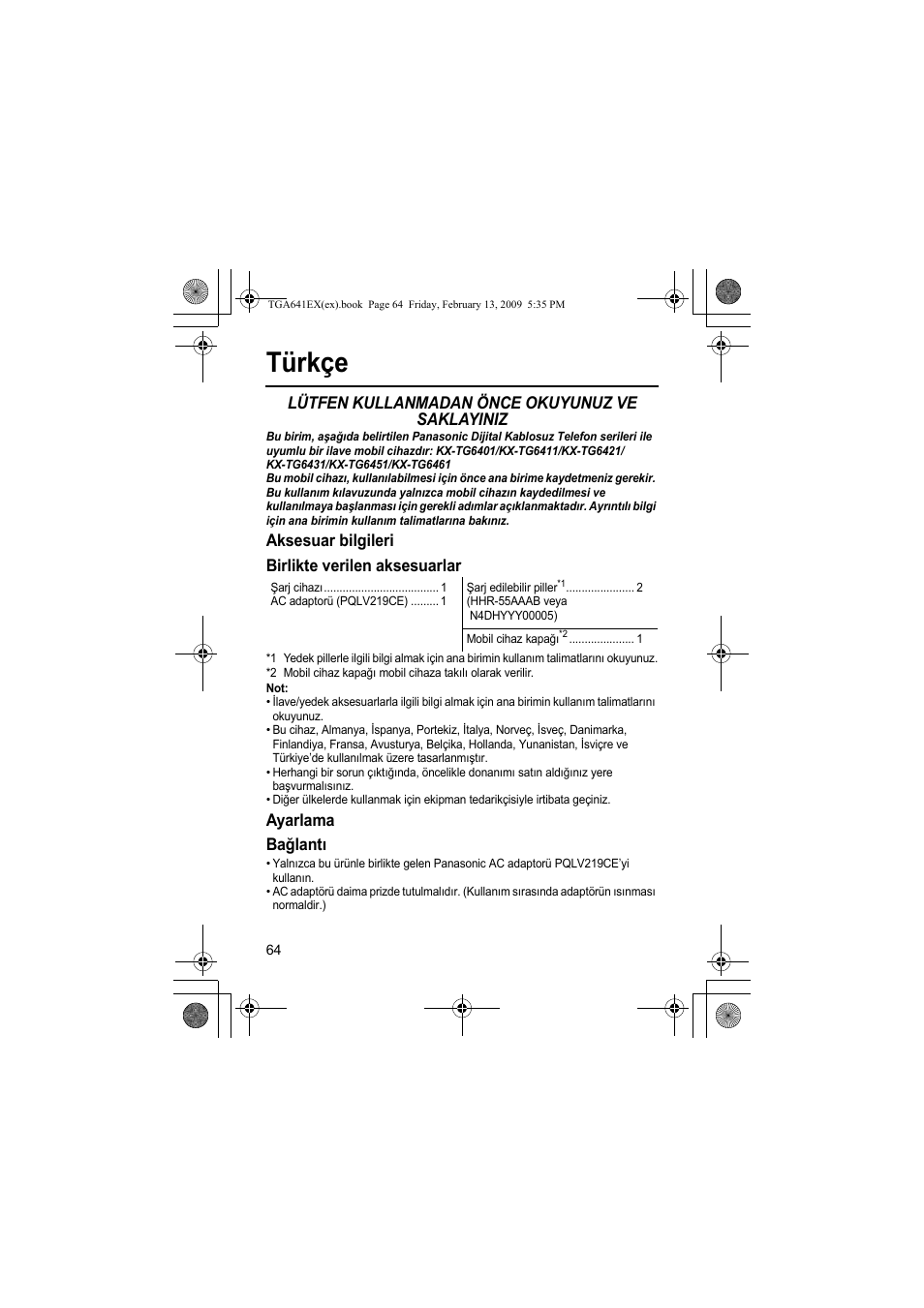 Türkçe, Lütfen kullanmadan önce okuyunuz ve saklayiniz, Aksesuar bilgileri birlikte verilen aksesuarlar | Ayarlama bağlantı | Panasonic KXTGA641EX User Manual | Page 64 / 76