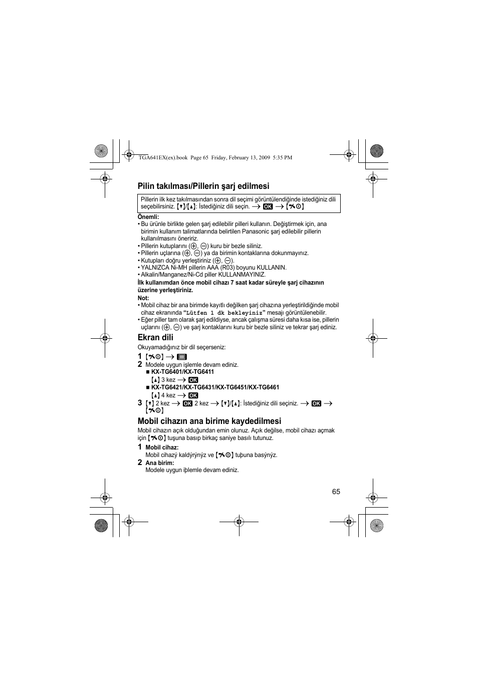 Pilin takılması/pillerin şarj edilmesi, Ekran dili, Mobil cihazın ana birime kaydedilmesi | Panasonic KXTGA641EX User Manual | Page 65 / 76