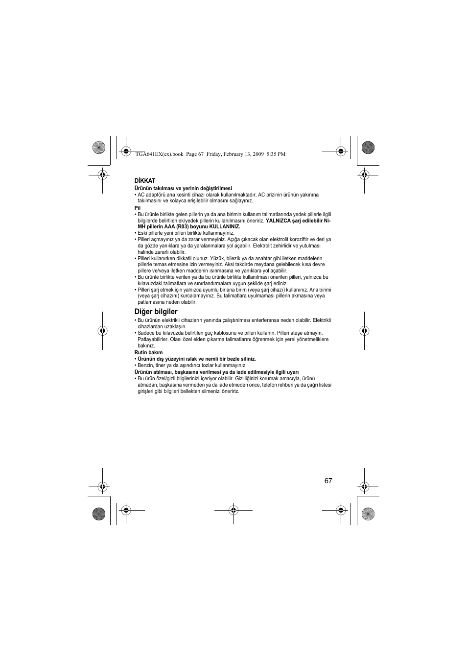 Diğer bilgiler | Panasonic KXTGA641EX User Manual | Page 67 / 76