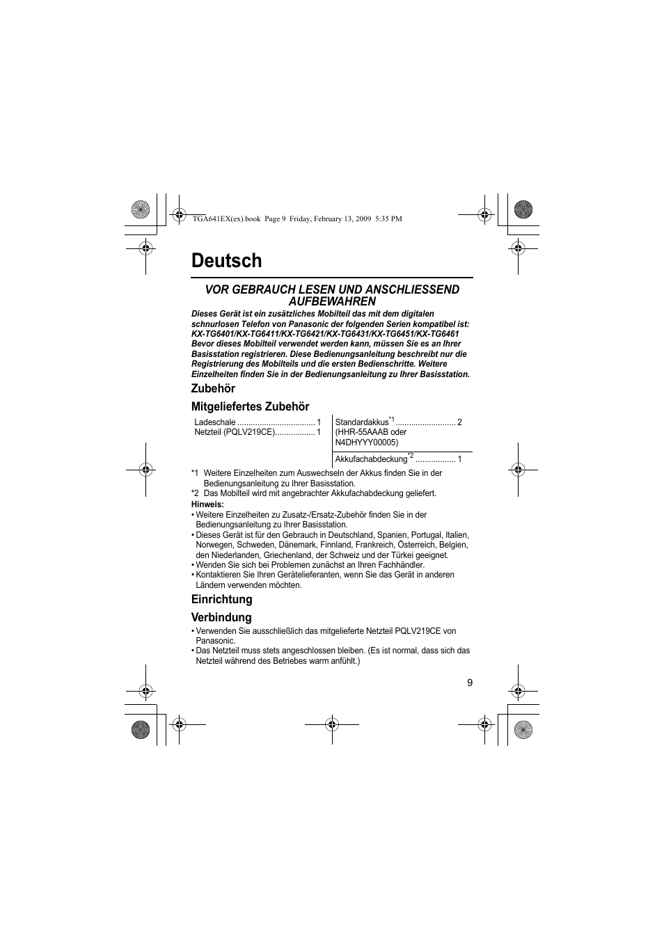 Deutsch, Vor gebrauch lesen und anschliessend aufbewahren, Zubehör mitgeliefertes zubehör | Einrichtung verbindung | Panasonic KXTGA641EX User Manual | Page 9 / 76