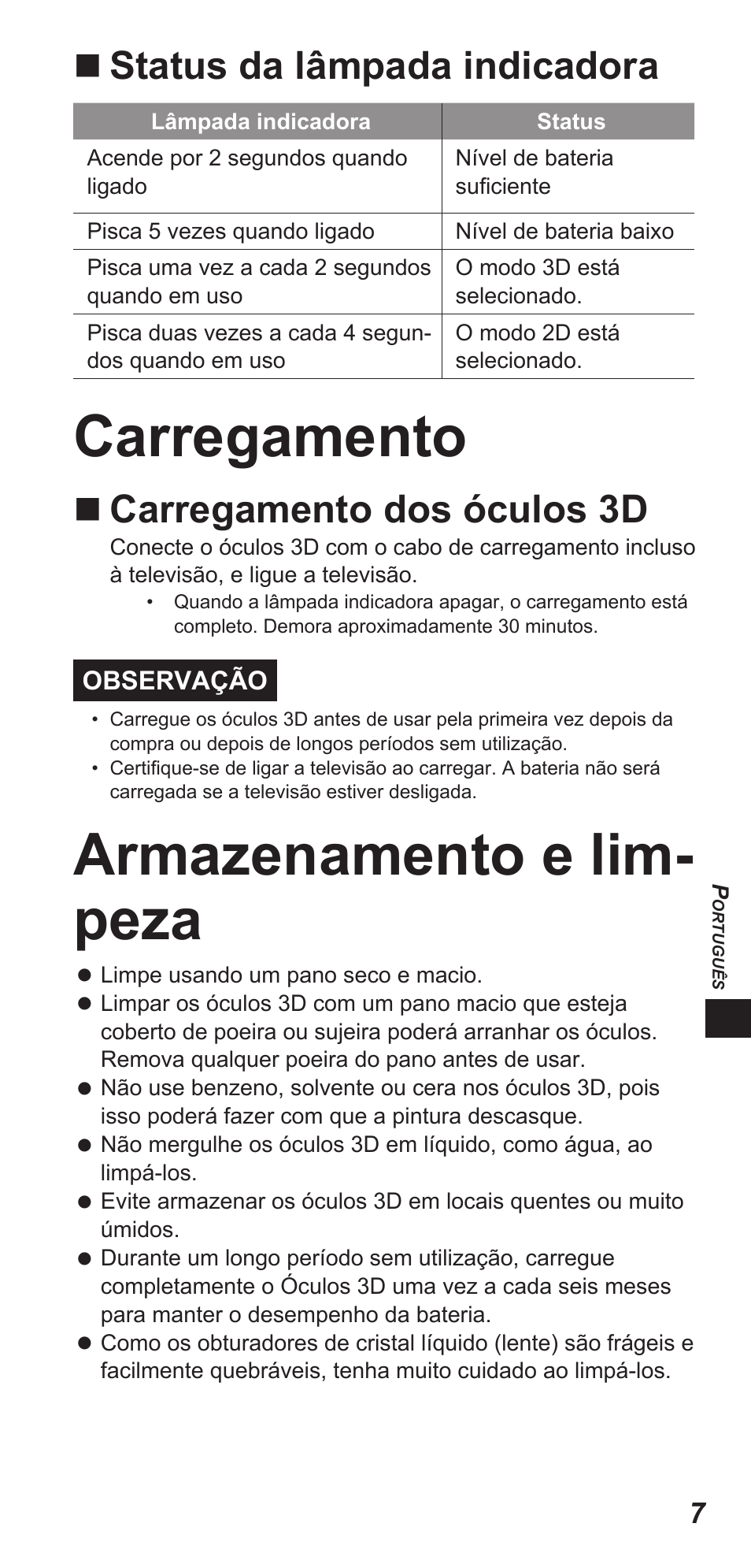 Carregamento, Armazenamento e lim- peza, Status da lâmpada indicadora | Carregamento dos óculos 3d | Panasonic TYEW3D3LE User Manual | Page 105 / 208