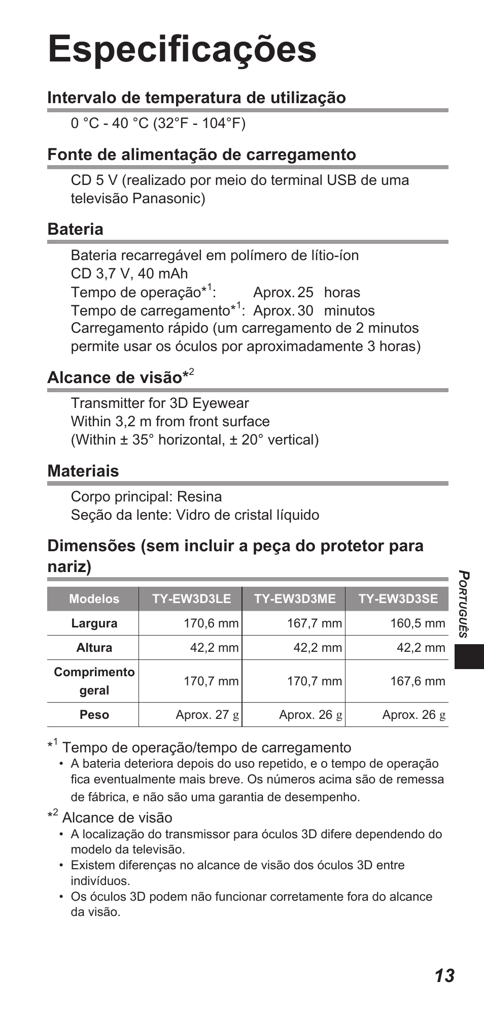 Especificações, Intervalo de temperatura de utilização, Fonte de alimentação de carregamento | Bateria, Alcance de visão, Materiais | Panasonic TYEW3D3LE User Manual | Page 111 / 208