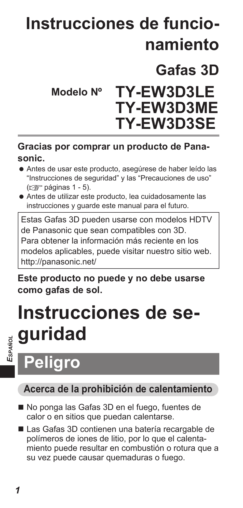 Instrucciones de se- guridad, Instrucciones de funcio- namiento, Peligro | Gafas 3d | Panasonic TYEW3D3LE User Manual | Page 128 / 208