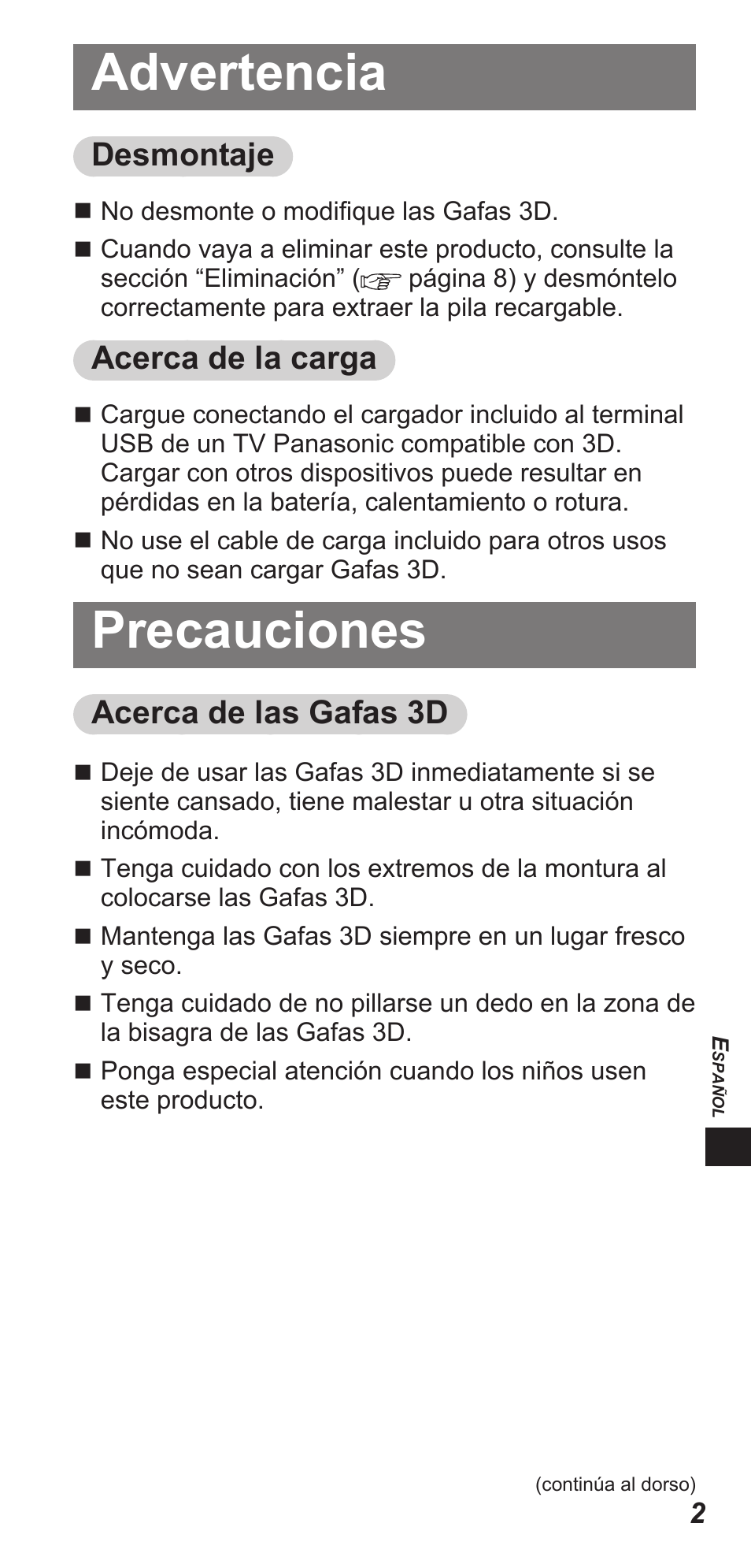 Advertencia, Precauciones, Desmontaje | Acerca de la carga, Acerca de las gafas 3d | Panasonic TYEW3D3LE User Manual | Page 129 / 208