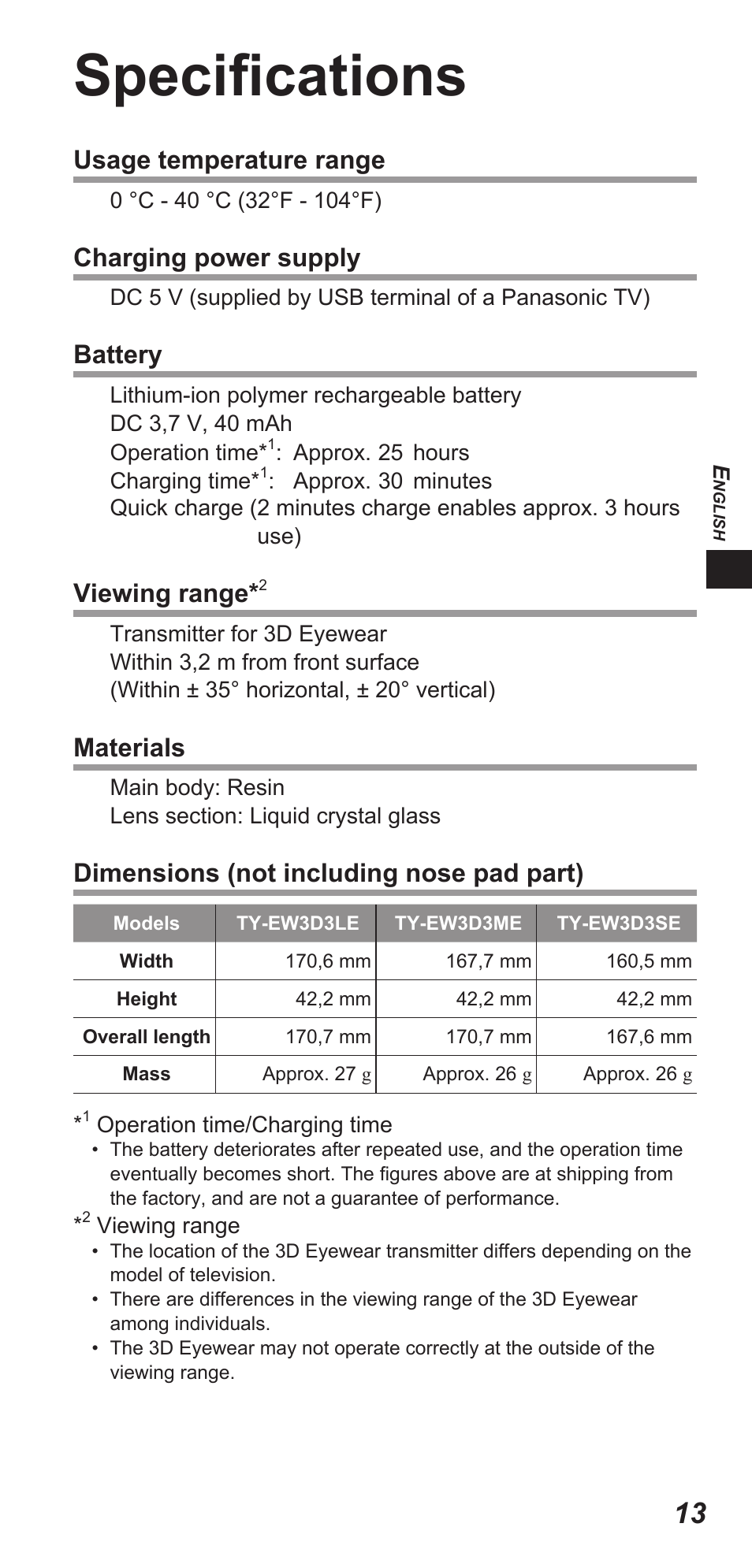 Specifications, Usage temperature range, Charging power supply | Battery, Viewing range, Materials, Dimensions (not including nose pad part) | Panasonic TYEW3D3LE User Manual | Page 13 / 208