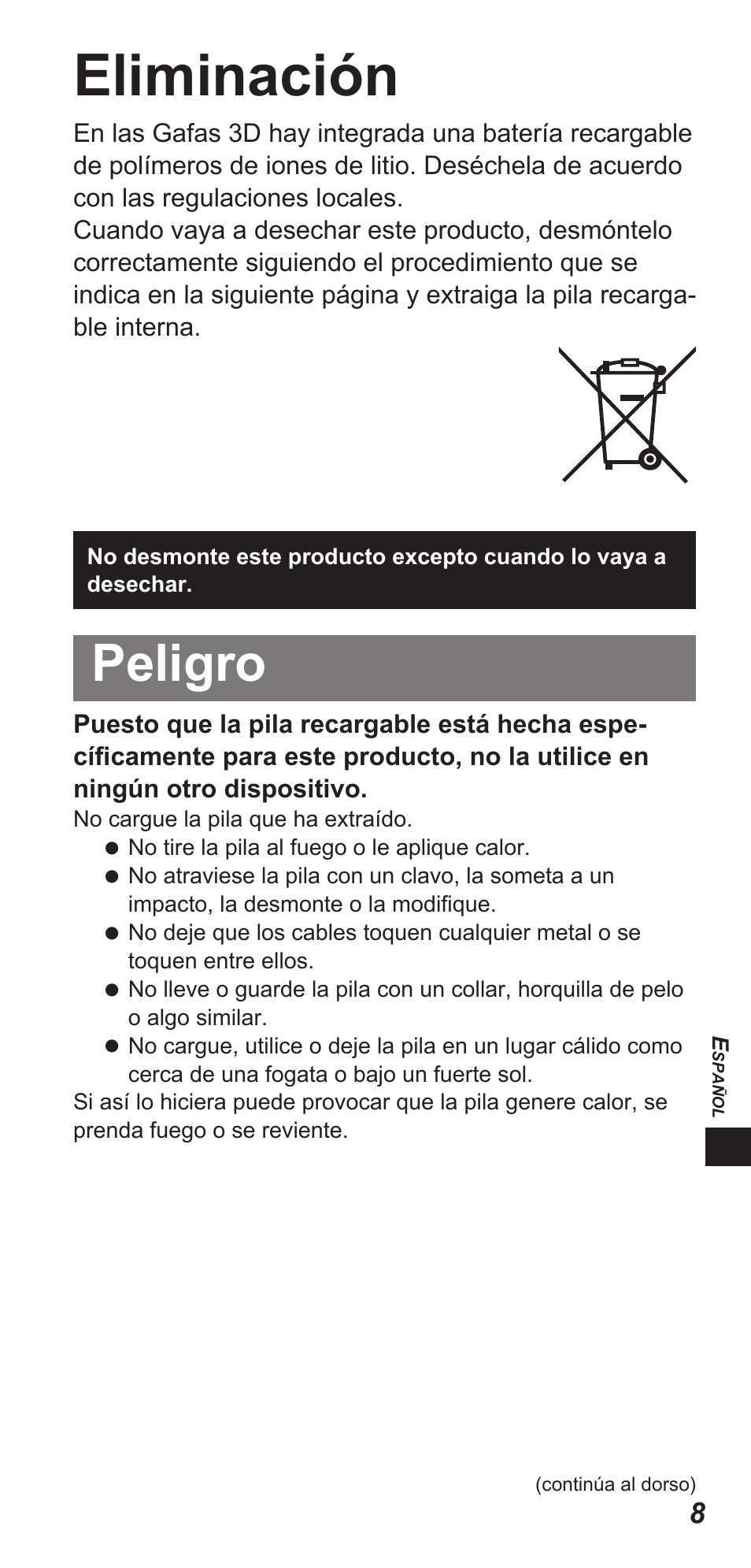 Eliminación, Peligro | Panasonic TYEW3D3LE User Manual | Page 135 / 208