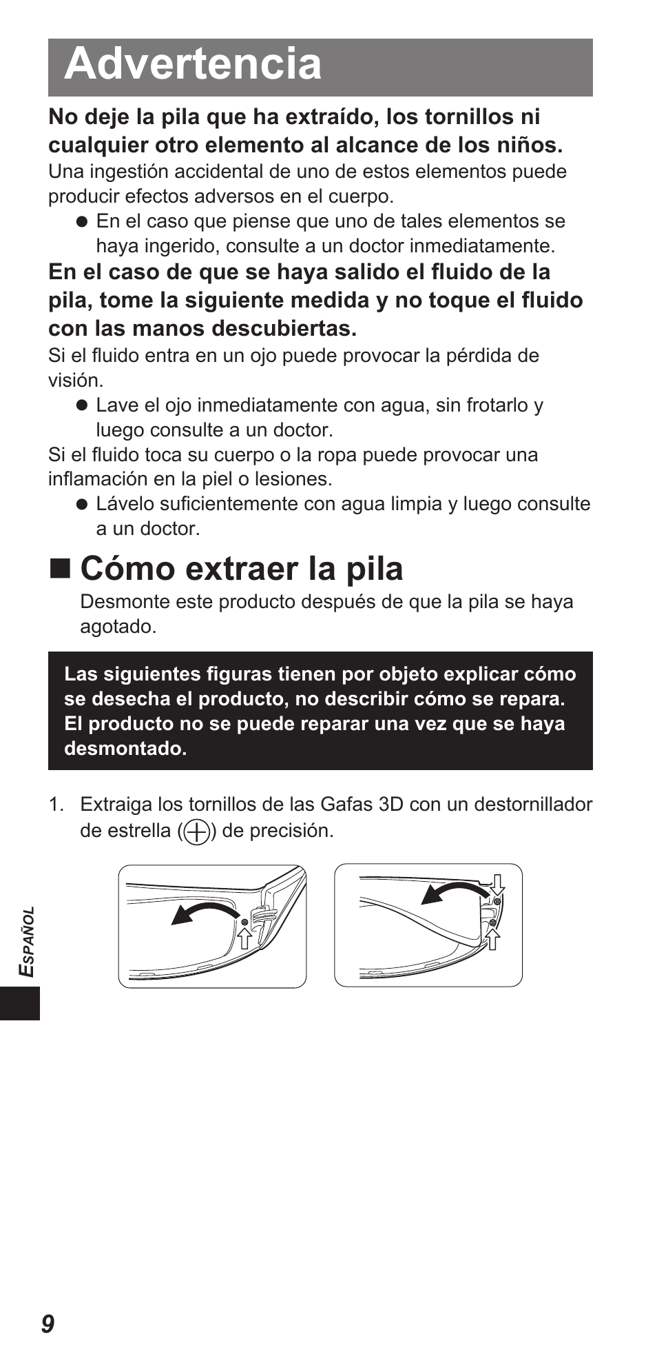 Advertencia, Cómo extraer la pila | Panasonic TYEW3D3LE User Manual | Page 136 / 208