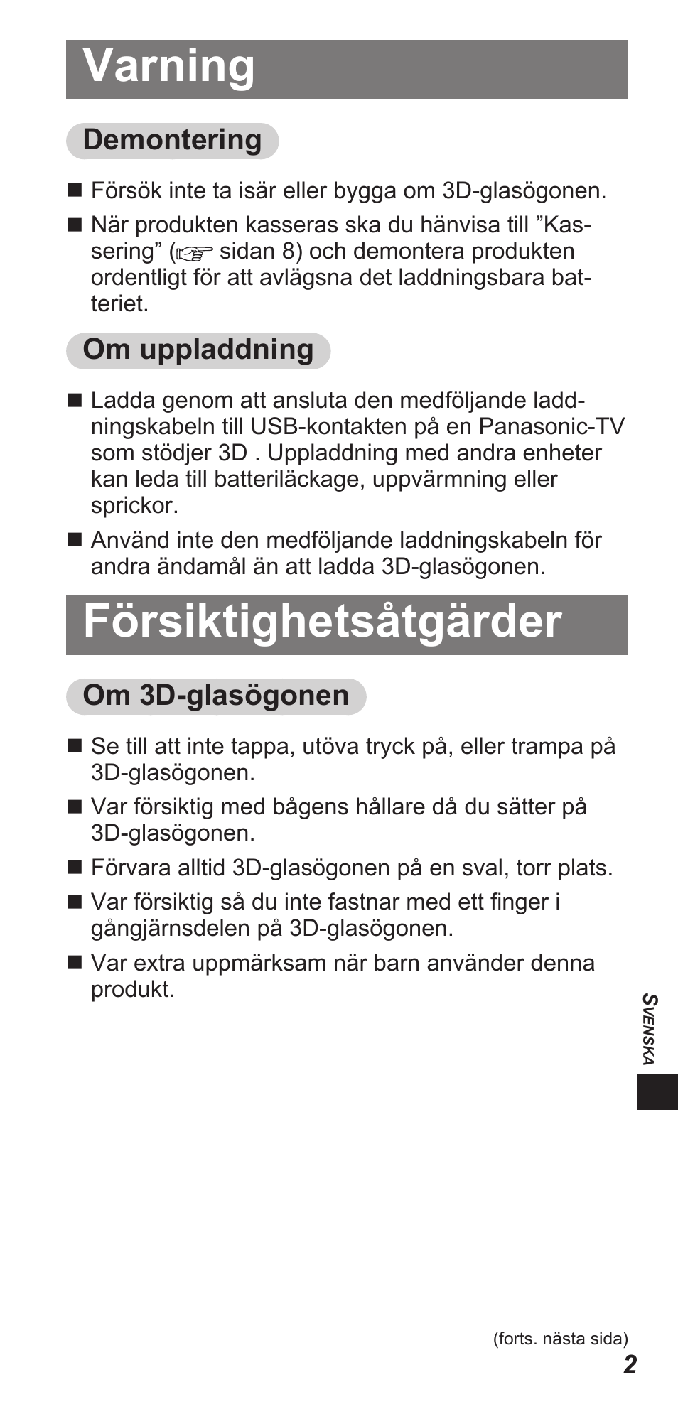 Varning, Försiktighetsåtgärder, Demontering | Om uppladdning, Om 3d-glasögonen | Panasonic TYEW3D3LE User Manual | Page 143 / 208