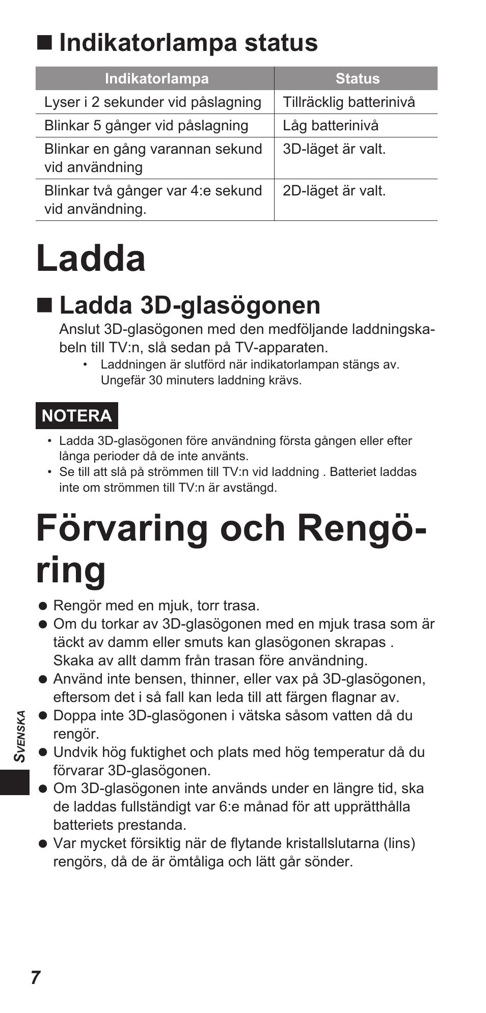 Ladda, Förvaring och rengö- ring, Indikatorlampa status | Ladda 3d-glasögonen | Panasonic TYEW3D3LE User Manual | Page 148 / 208