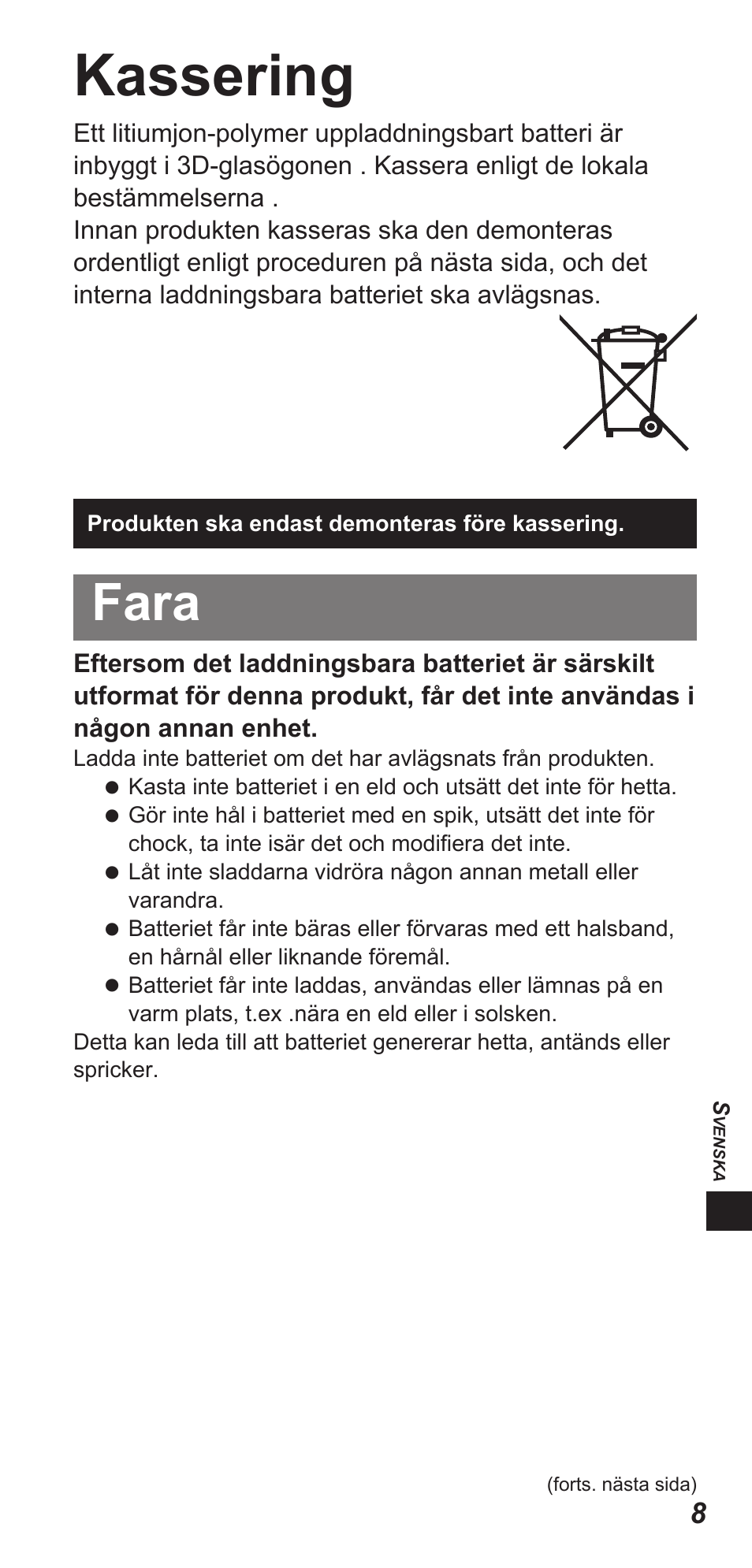 Kassering, Fara | Panasonic TYEW3D3LE User Manual | Page 149 / 208