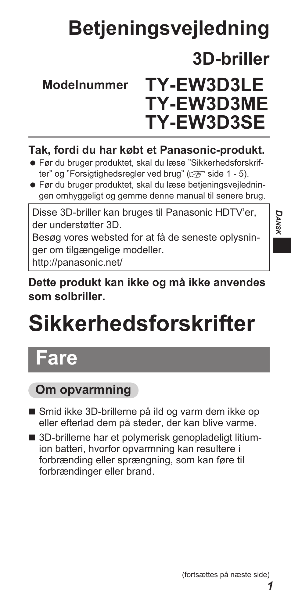 Sikkerhedsforskrifter, Betjeningsvejledning, Fare | 3d-briller | Panasonic TYEW3D3LE User Manual | Page 15 / 208