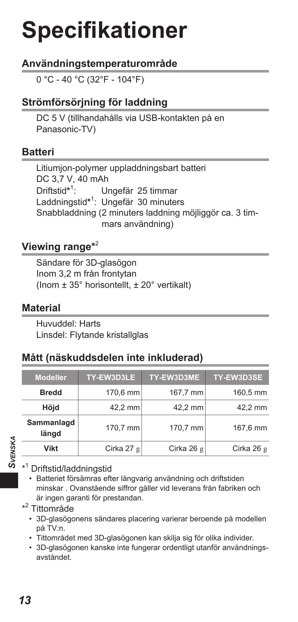 Specifikationer, Användningstemperaturområde, Strömförsörjning för laddning | Batteri, Viewing range, Material, Mått (näskuddsdelen inte inkluderad) | Panasonic TYEW3D3LE User Manual | Page 154 / 208