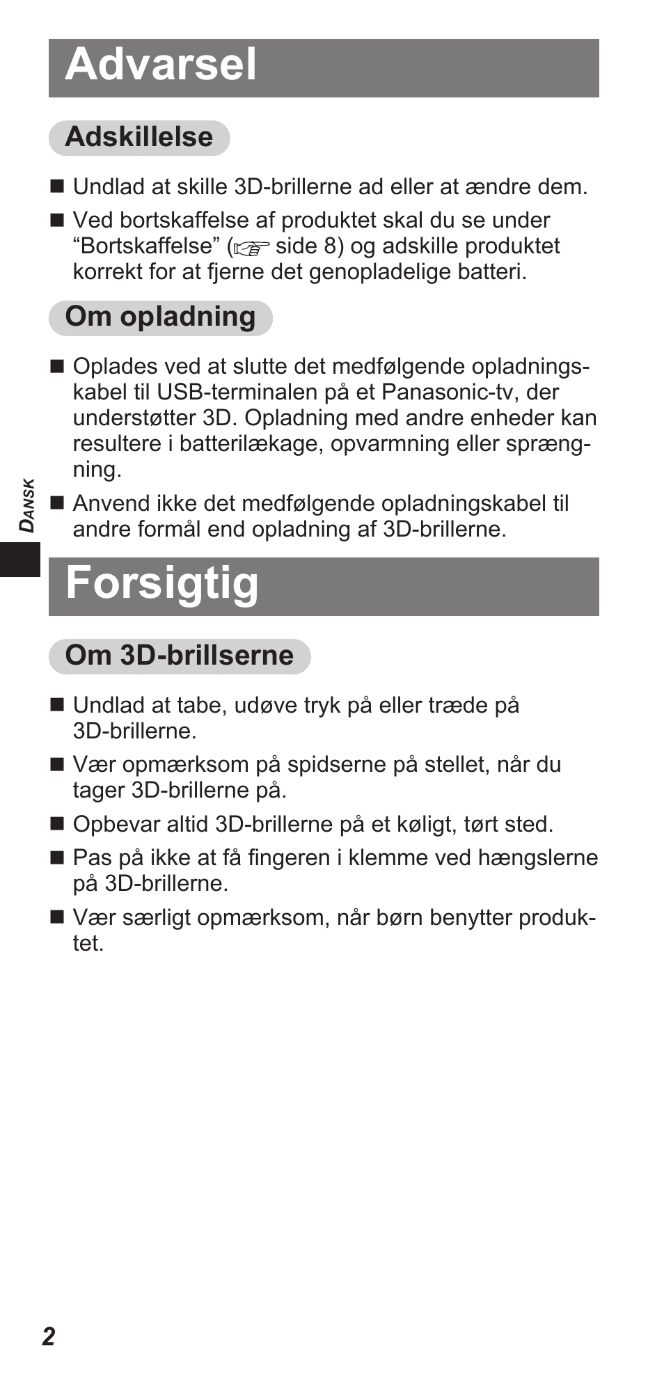 Advarsel, Forsigtig, Adskillelse | Om opladning, Om 3d-brillserne | Panasonic TYEW3D3LE User Manual | Page 16 / 208