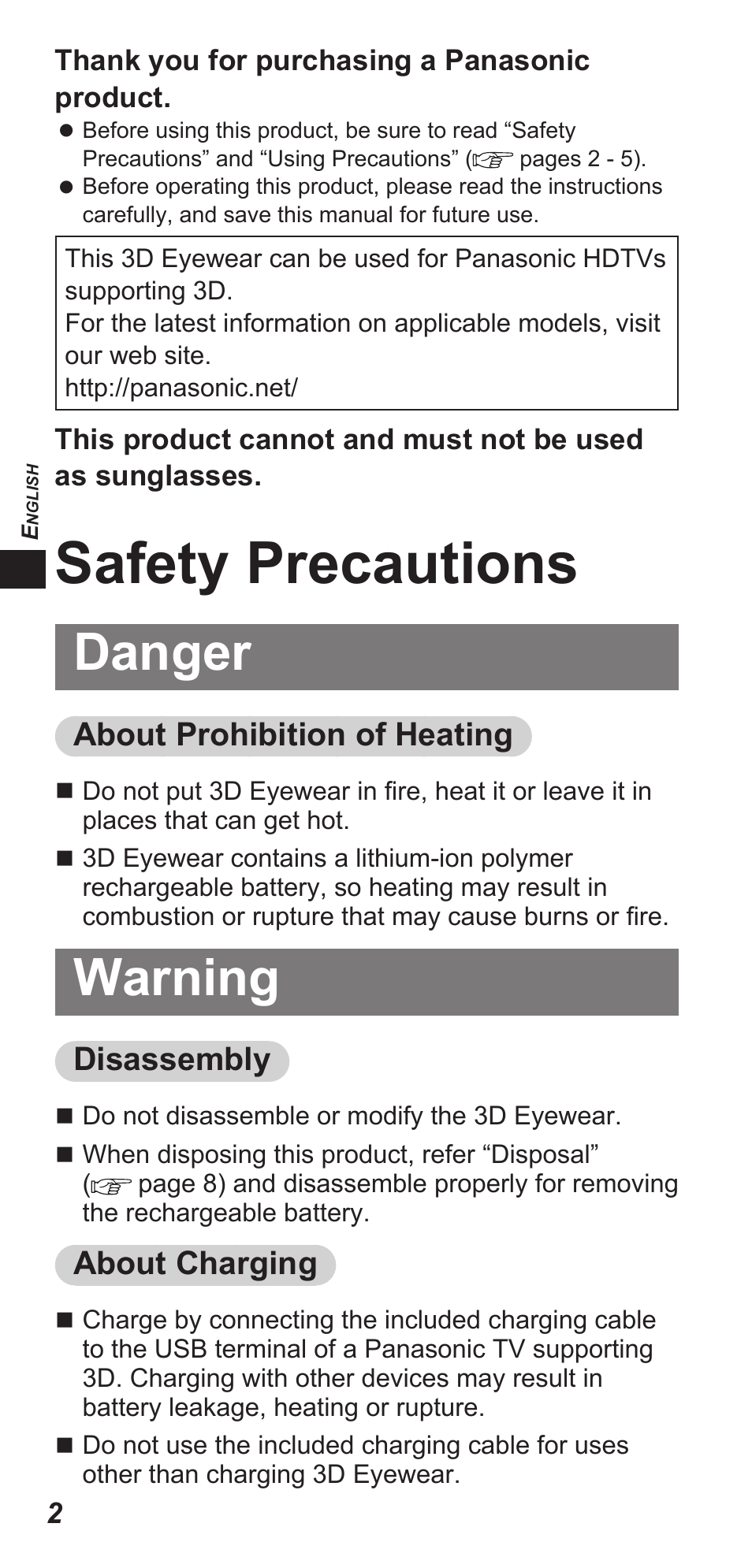 Safety precautions, Danger, Warning | About prohibition of heating, Disassembly, About charging | Panasonic TYEW3D3LE User Manual | Page 2 / 208