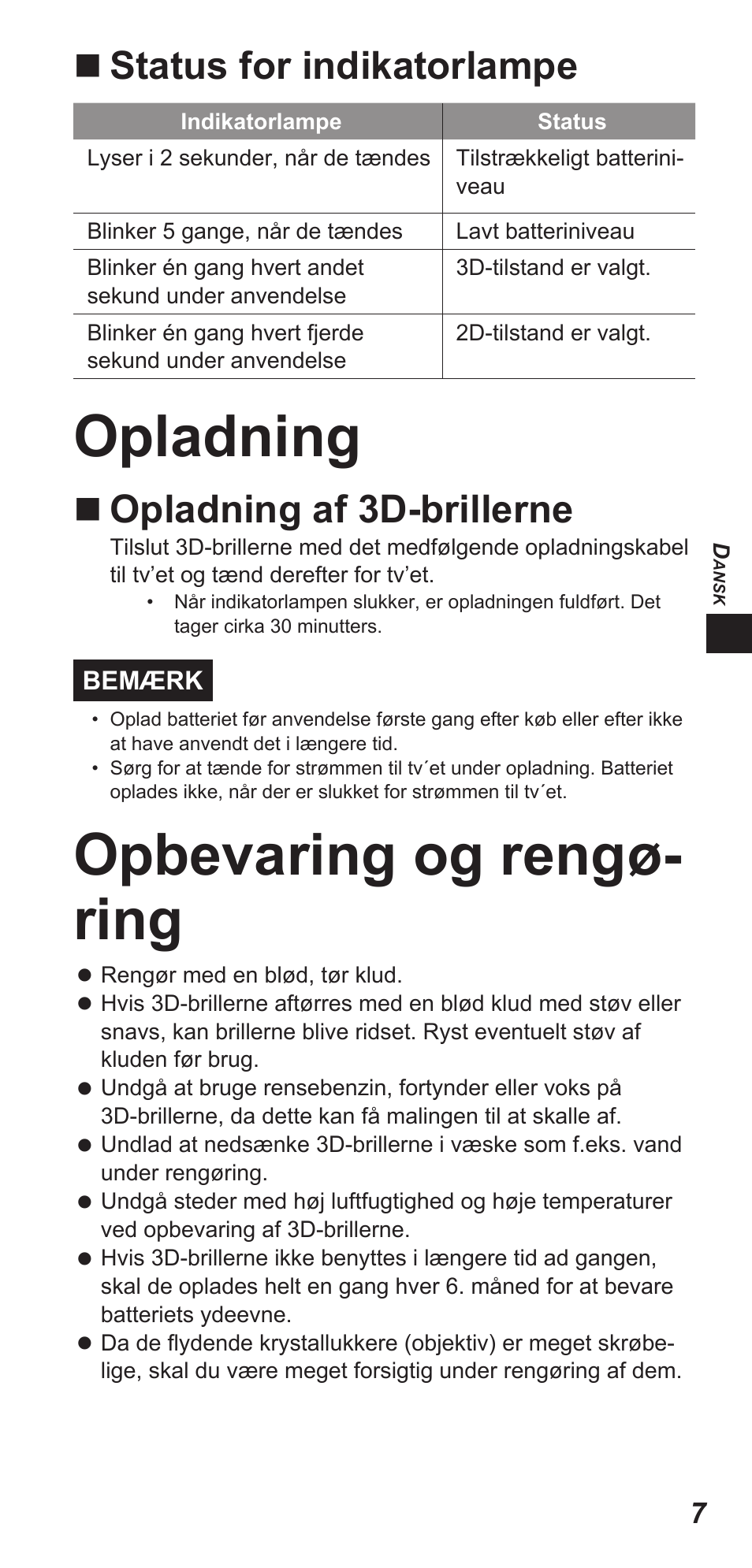 Opladning, Opbevaring og rengø- ring, Status for indikatorlampe | Opladning af 3d-brillerne | Panasonic TYEW3D3LE User Manual | Page 21 / 208