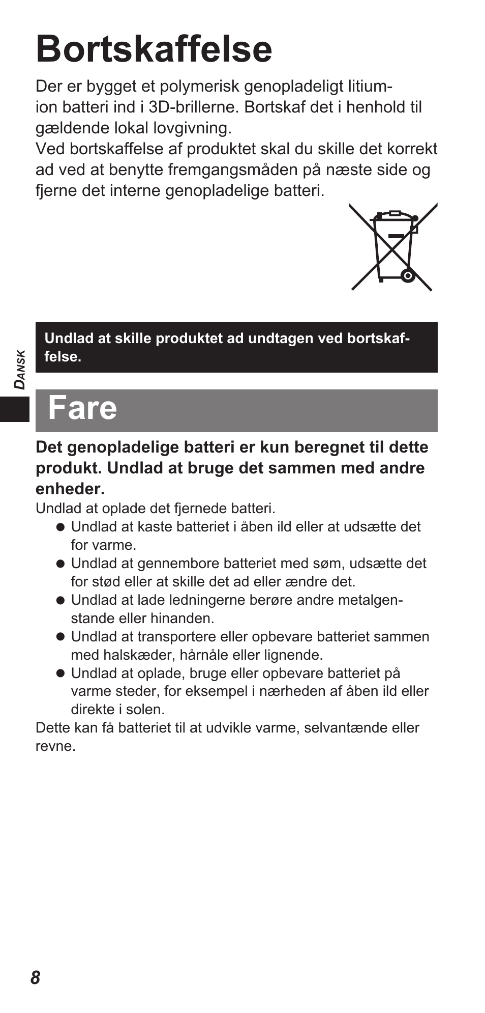 Bortskaffelse, Fare | Panasonic TYEW3D3LE User Manual | Page 22 / 208