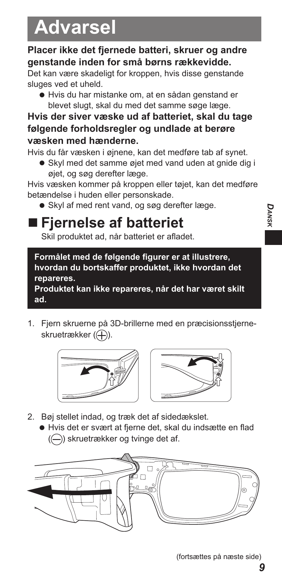 Advarsel, Fjernelse af batteriet | Panasonic TYEW3D3LE User Manual | Page 23 / 208