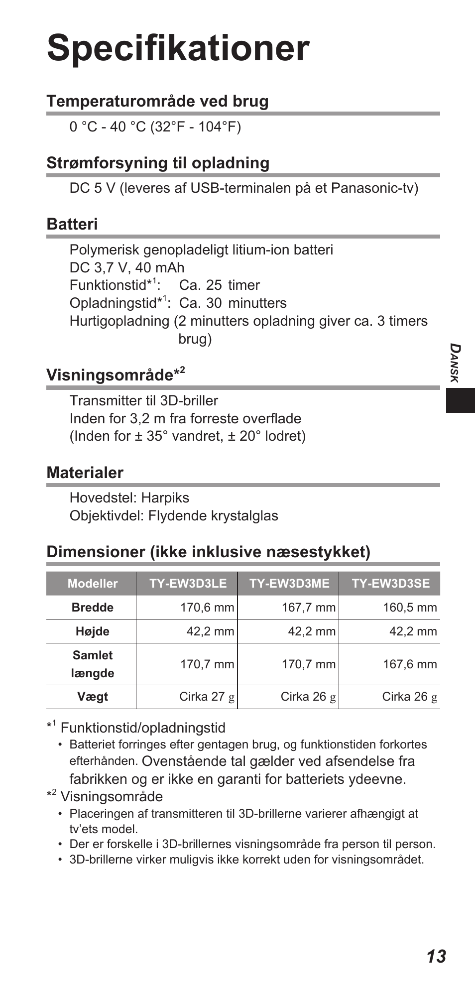 Specifikationer, Temperaturområde ved brug, Strømforsyning til opladning | Batteri, Visningsområde, Materialer, Dimensioner (ikke inklusive næsestykket) | Panasonic TYEW3D3LE User Manual | Page 27 / 208