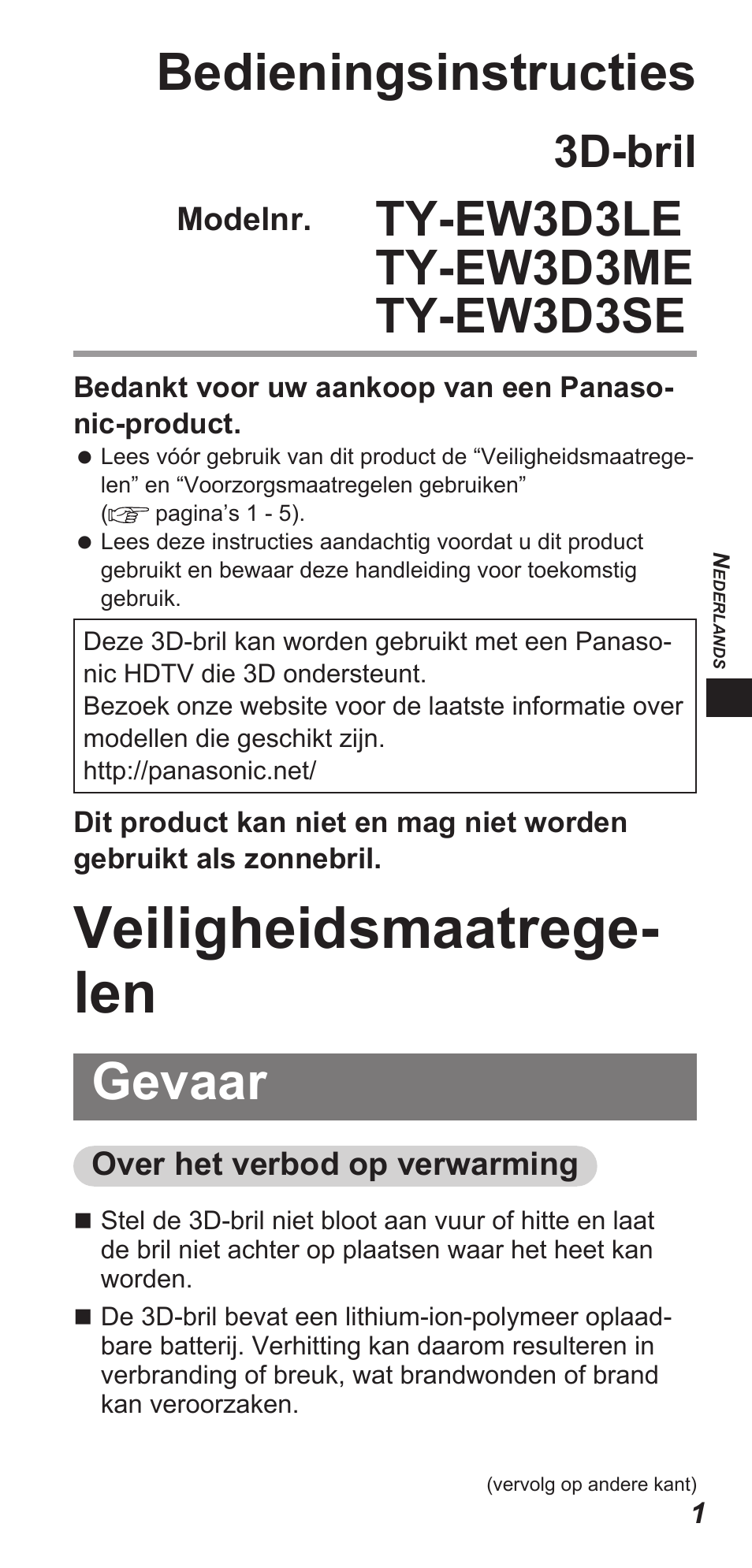 Veiligheidsmaatrege- len, Bedieningsinstructies, Gevaar | 3d-bril | Panasonic TYEW3D3LE User Manual | Page 29 / 208
