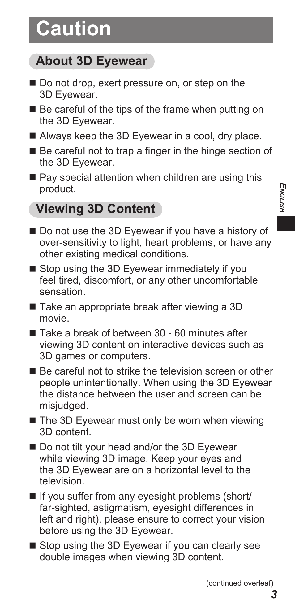 Caution, About 3d eyewear, Viewing 3d content | Panasonic TYEW3D3LE User Manual | Page 3 / 208