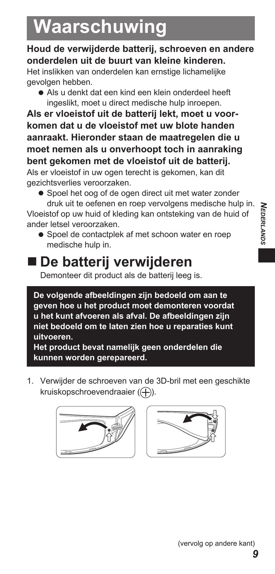 Waarschuwing, De batterij verwijderen | Panasonic TYEW3D3LE User Manual | Page 37 / 208