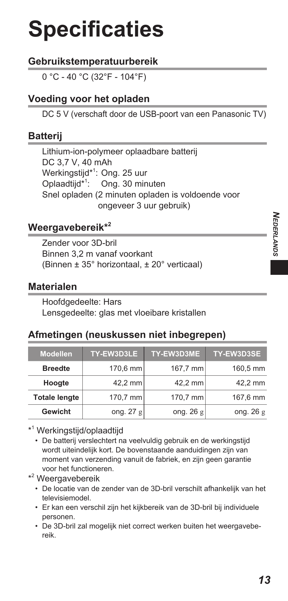 Specificaties, Gebruikstemperatuurbereik, Voeding voor het opladen | Batterij, Weergavebereik, Materialen, Afmetingen (neuskussen niet inbegrepen) | Panasonic TYEW3D3LE User Manual | Page 41 / 208