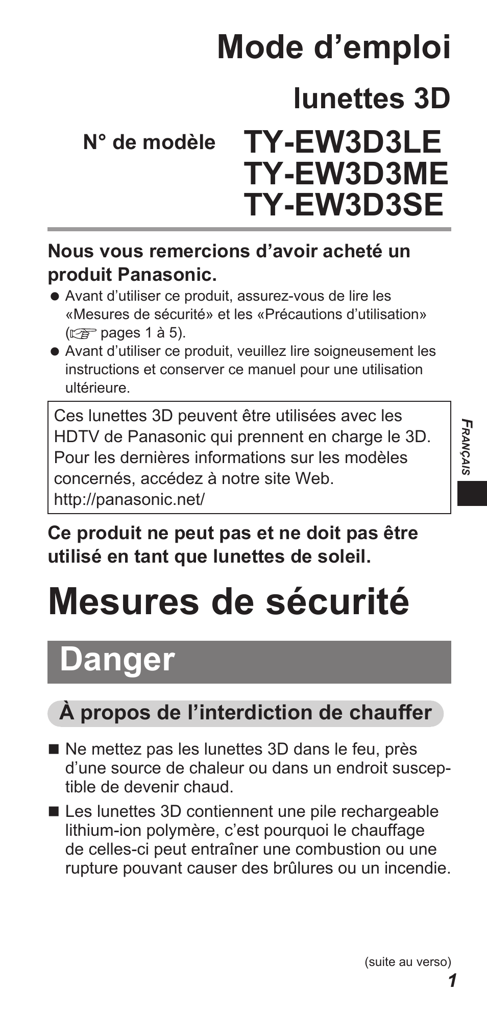 Mesures de sécurité, Mode d’emploi, Danger | Lunettes 3d | Panasonic TYEW3D3LE User Manual | Page 43 / 208