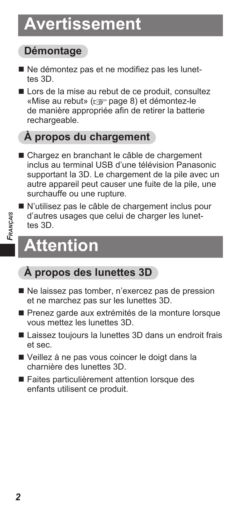 Avertissement, Attention, Démontage | À propos du chargement, À propos des lunettes 3d | Panasonic TYEW3D3LE User Manual | Page 44 / 208