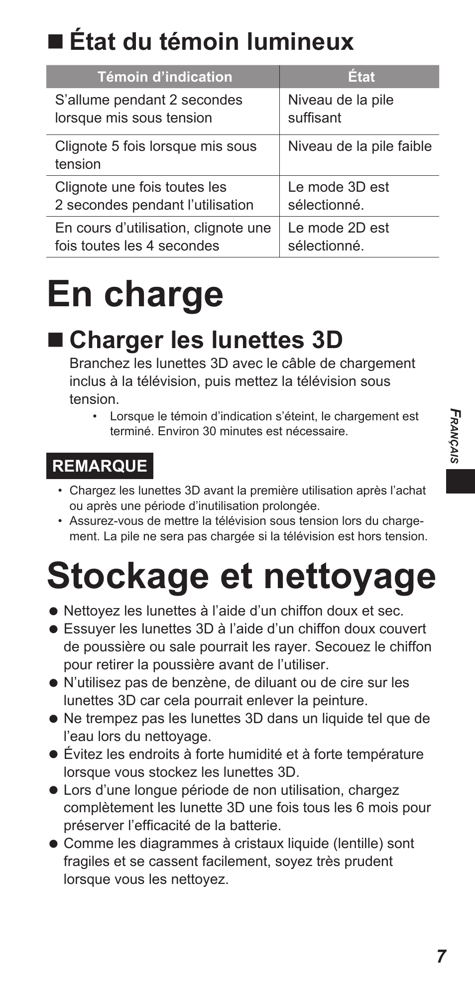 En charge, Stockage et nettoyage, État du témoin lumineux | Charger les lunettes 3d | Panasonic TYEW3D3LE User Manual | Page 49 / 208