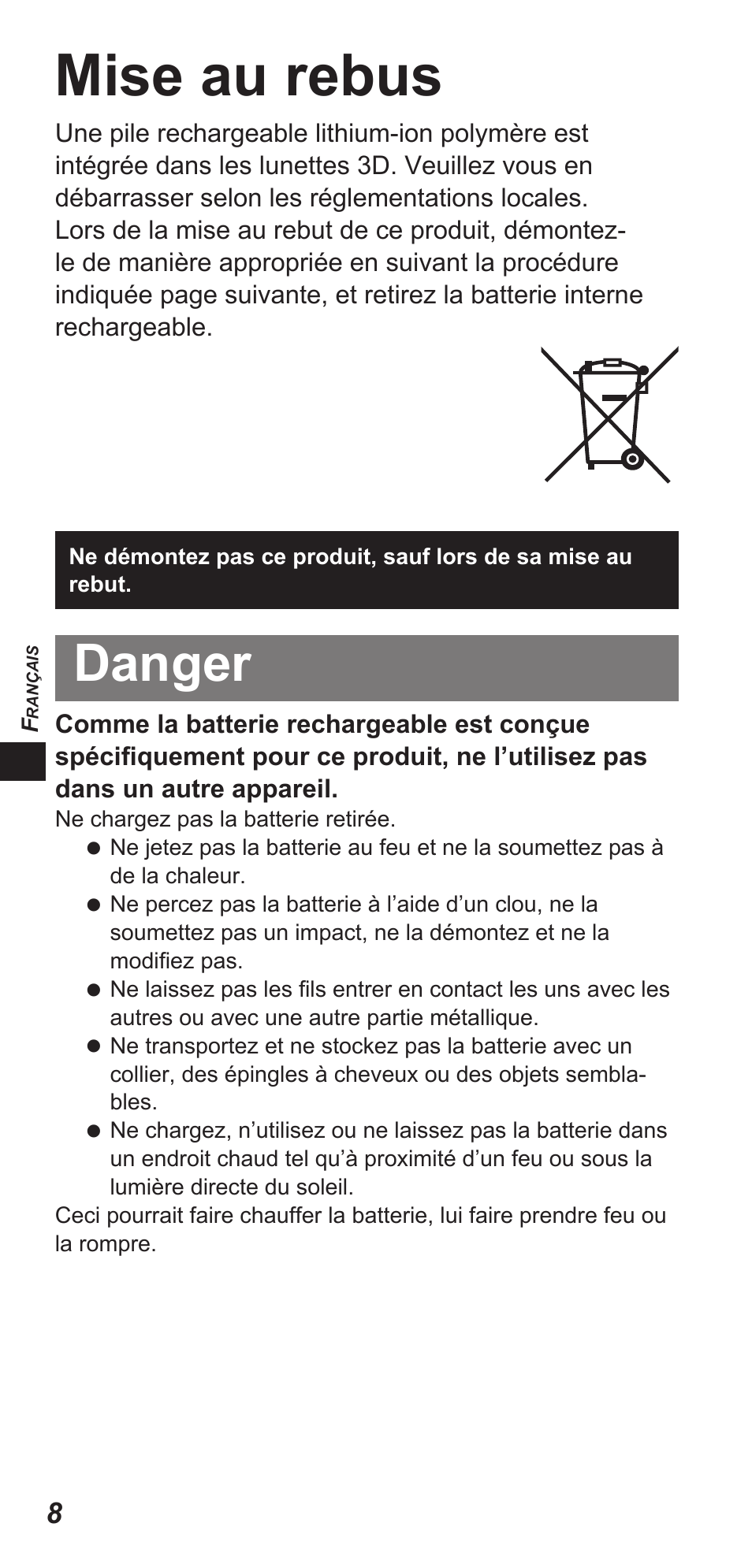 Mise au rebus, Danger | Panasonic TYEW3D3LE User Manual | Page 50 / 208