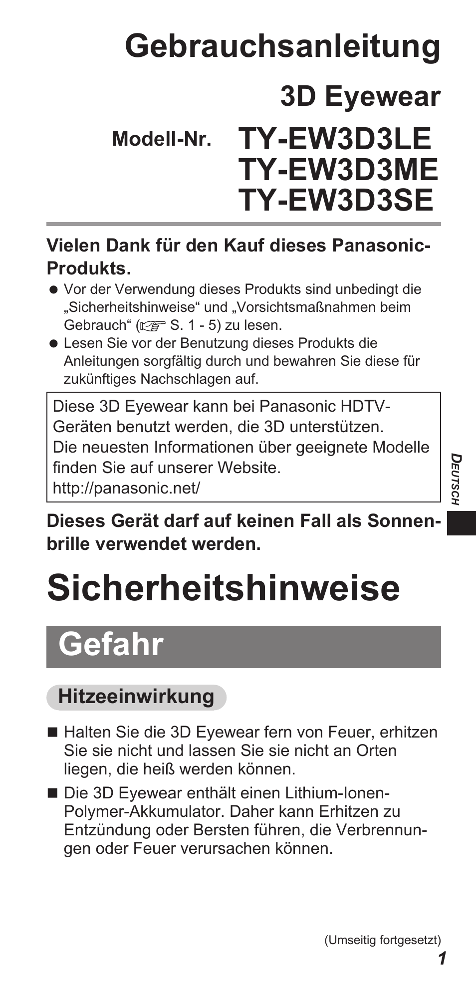 Sicherheitshinweise, Gebrauchsanleitung, Gefahr | 3d eyewear | Panasonic TYEW3D3LE User Manual | Page 57 / 208