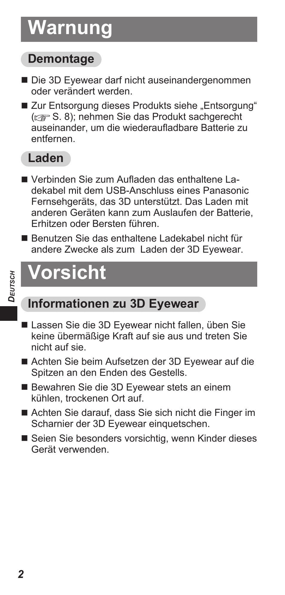 Warnung, Vorsicht, Demontage | Laden, Informationen zu 3d eyewear | Panasonic TYEW3D3LE User Manual | Page 58 / 208