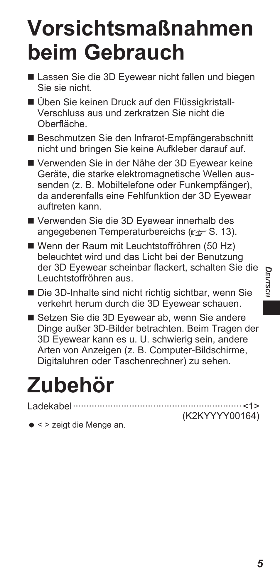 Vorsichtsmaßnahmen beim gebrauch, Zubehör | Panasonic TYEW3D3LE User Manual | Page 61 / 208