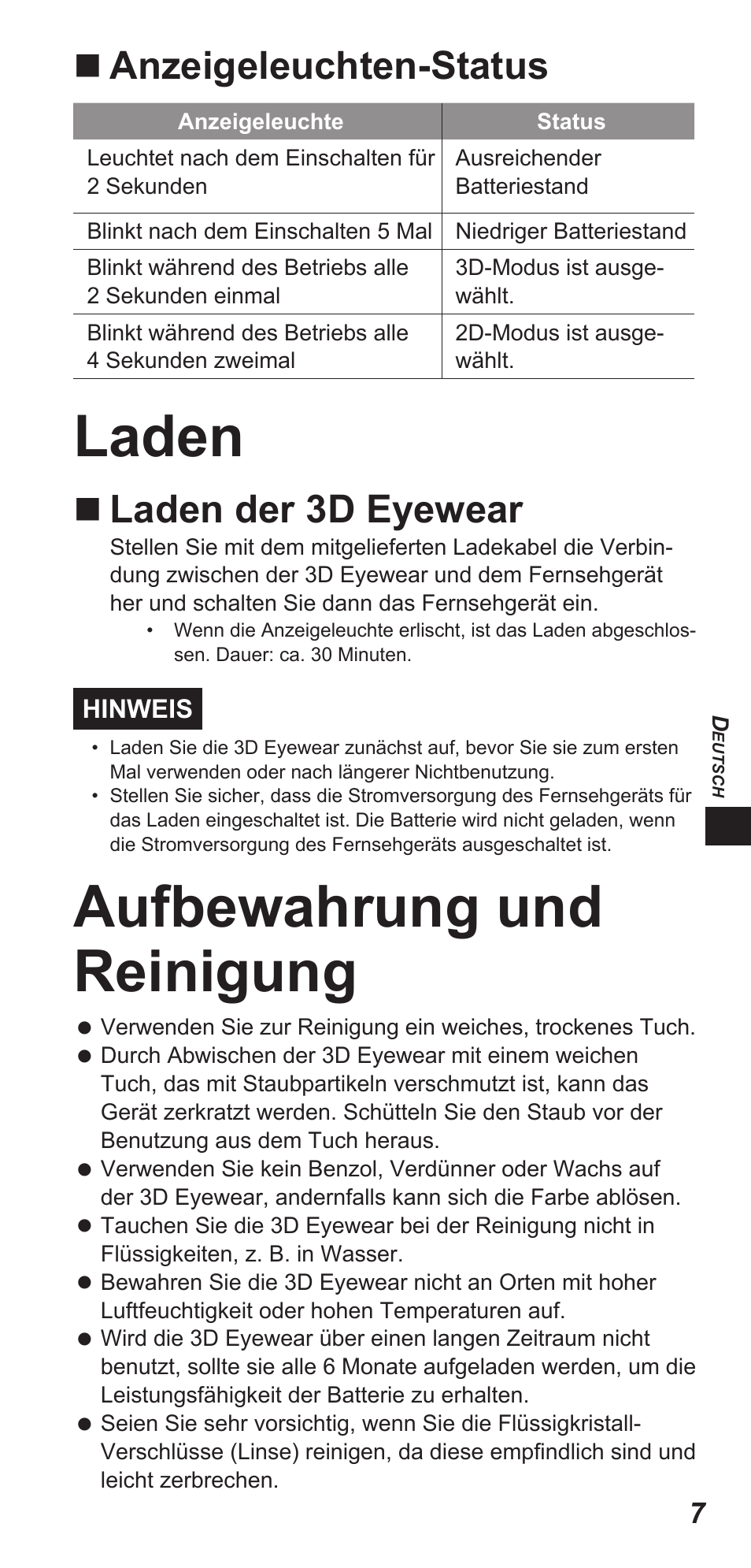 Laden, Aufbewahrung und reinigung, Anzeigeleuchten-status | Laden der 3d eyewear | Panasonic TYEW3D3LE User Manual | Page 63 / 208