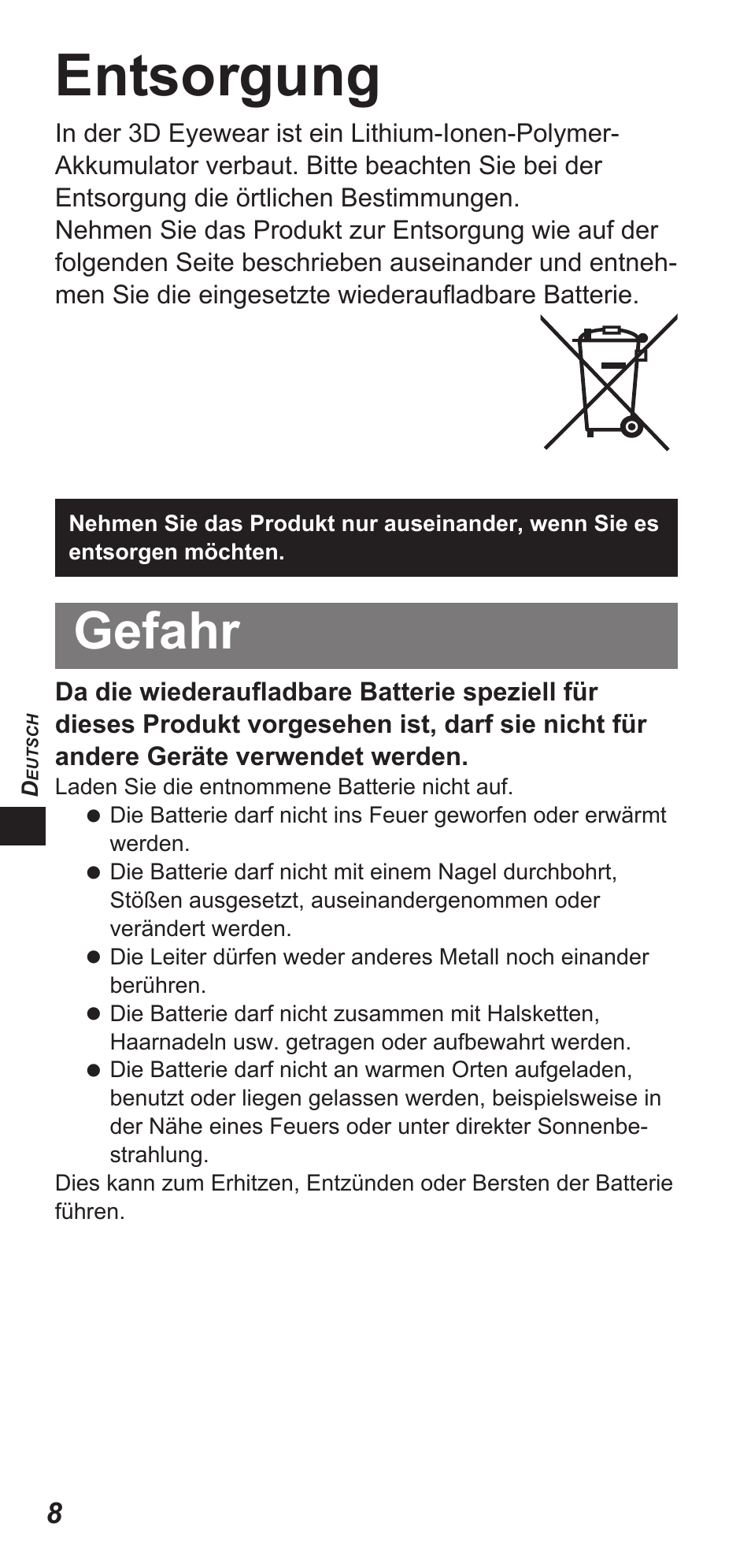 Entsorgung, Gefahr | Panasonic TYEW3D3LE User Manual | Page 64 / 208