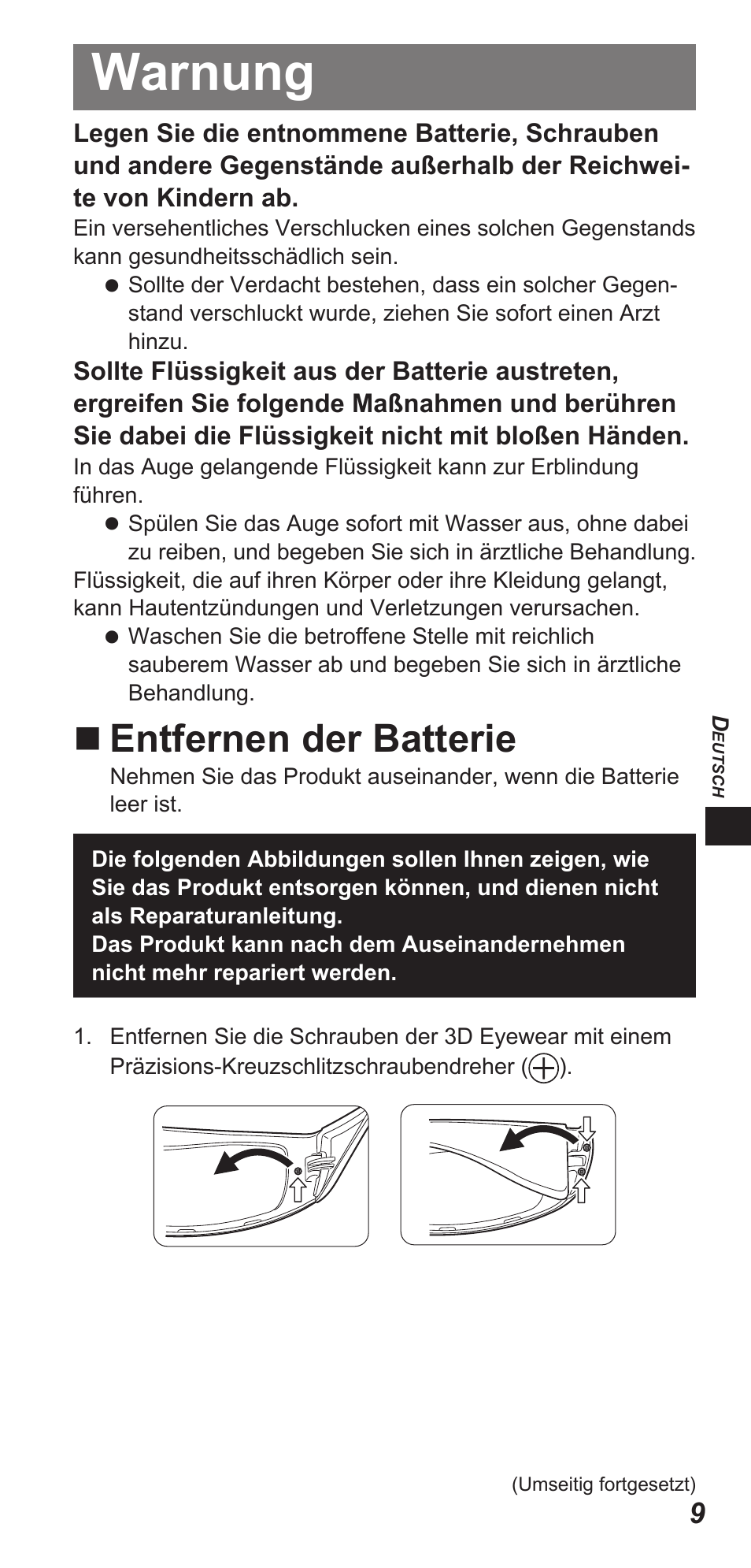 Warnung, Entfernen der batterie | Panasonic TYEW3D3LE User Manual | Page 65 / 208