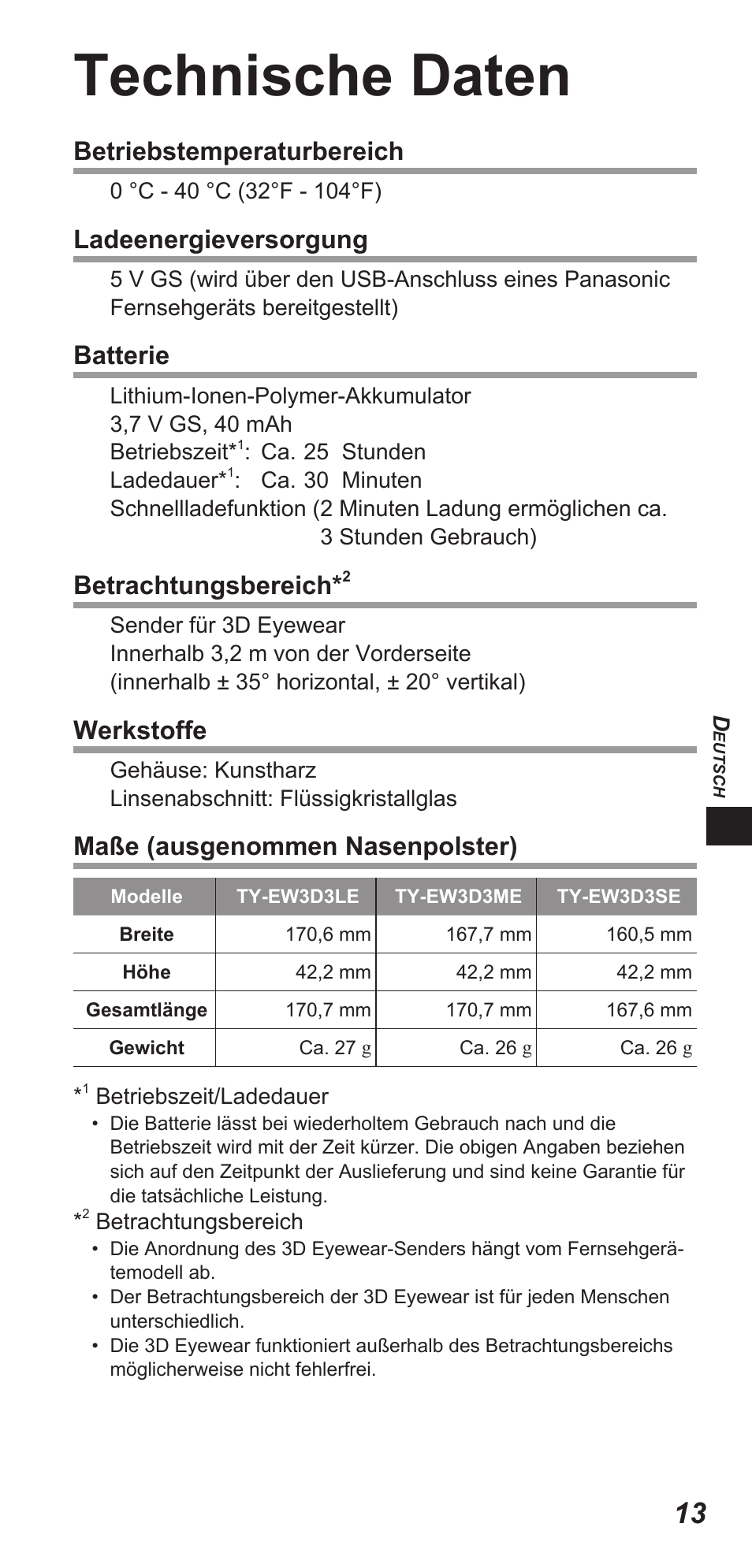 Technische daten, Betriebstemperaturbereich, Ladeenergieversorgung | Batterie, Betrachtungsbereich, Werkstoffe, Maße (ausgenommen nasenpolster) | Panasonic TYEW3D3LE User Manual | Page 69 / 208