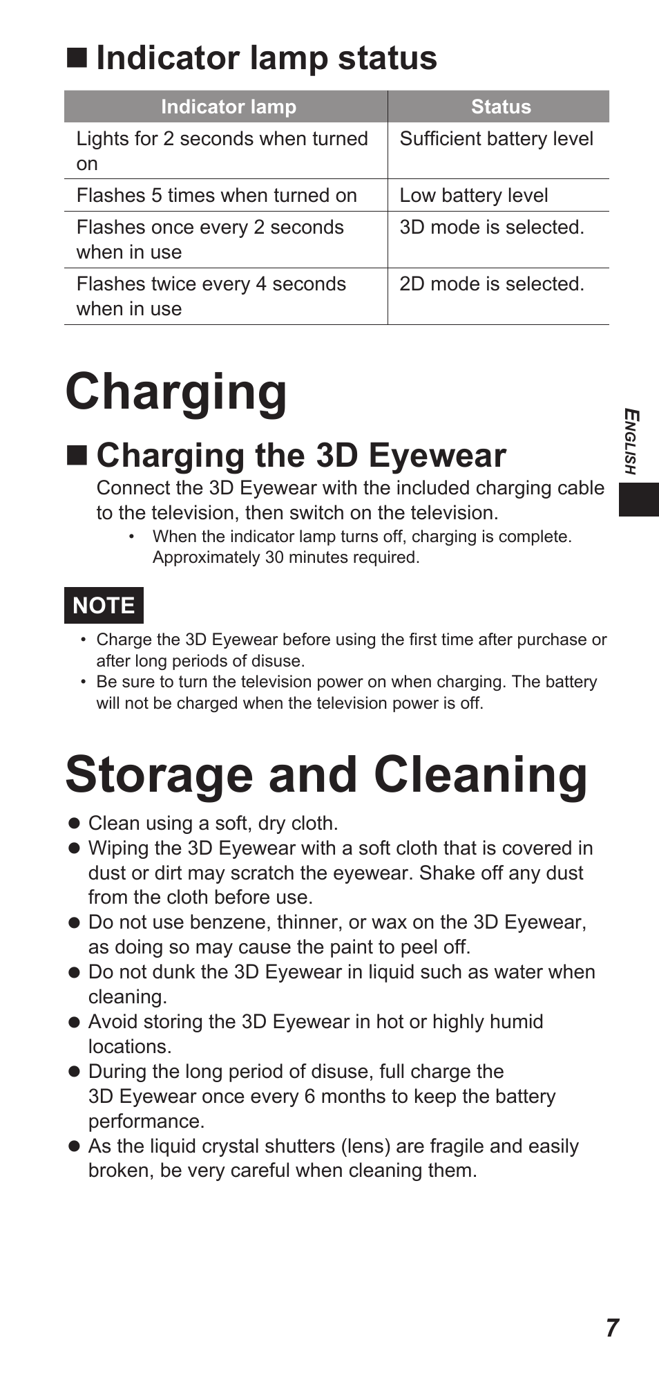 Charging, Storage and cleaning, Indicator lamp status | Charging the 3d eyewear | Panasonic TYEW3D3LE User Manual | Page 7 / 208