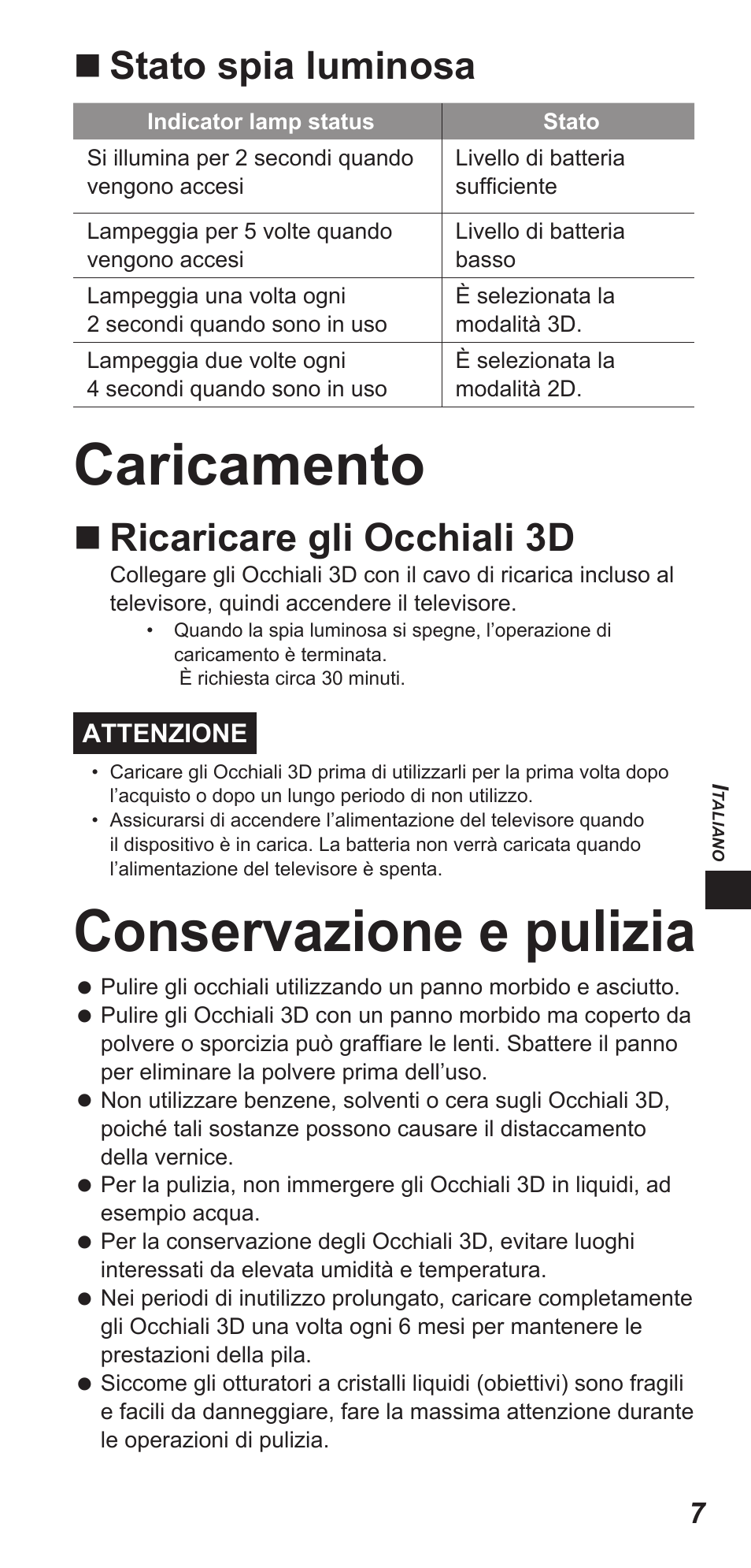 Caricamento, Conservazione e pulizia, Stato spia luminosa | Ricaricare gli occhiali 3d | Panasonic TYEW3D3LE User Manual | Page 77 / 208