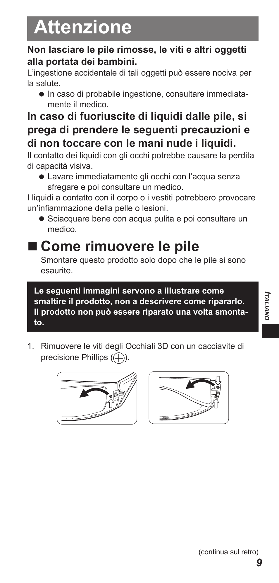 Attenzione, Come rimuovere le pile | Panasonic TYEW3D3LE User Manual | Page 79 / 208