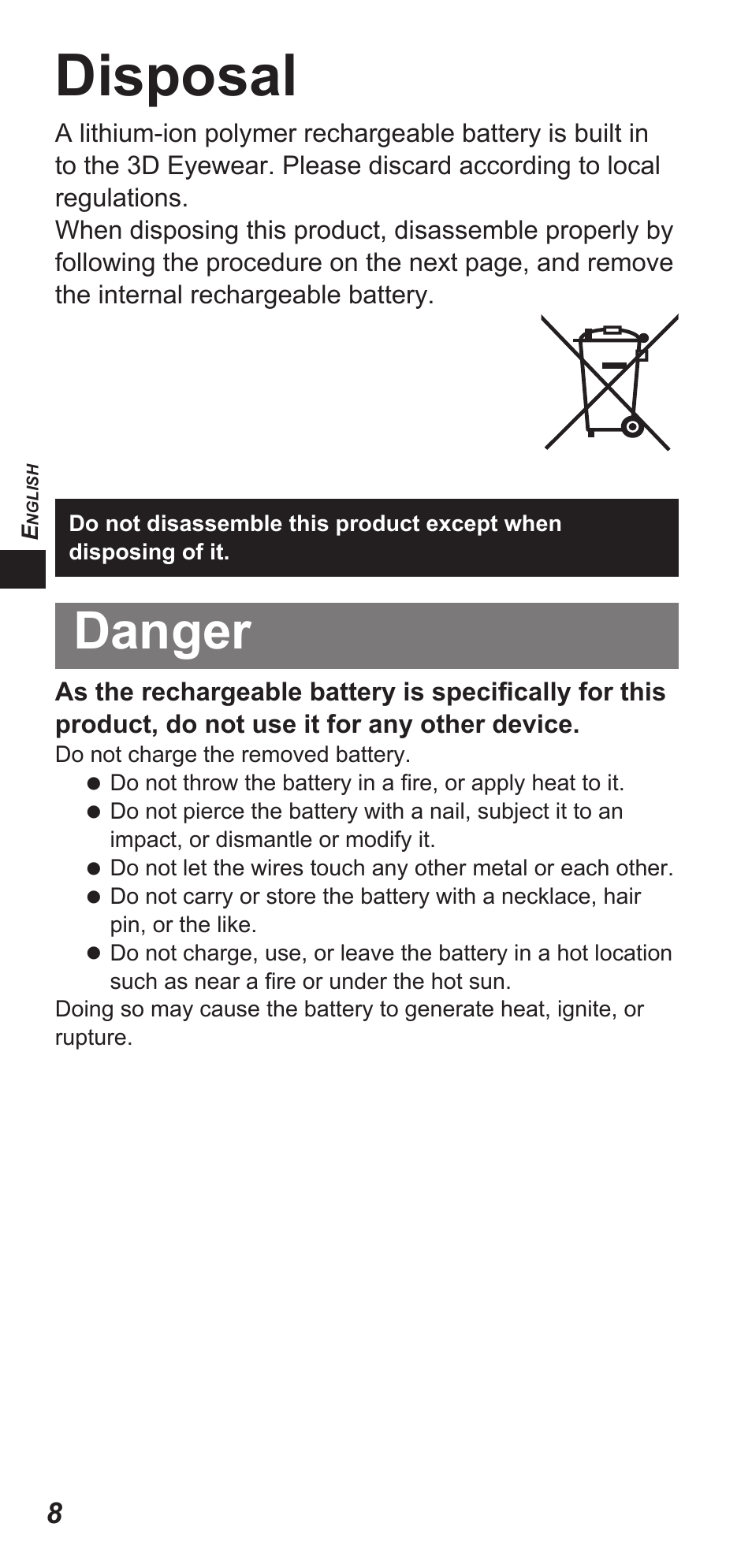 Disposal, Danger | Panasonic TYEW3D3LE User Manual | Page 8 / 208