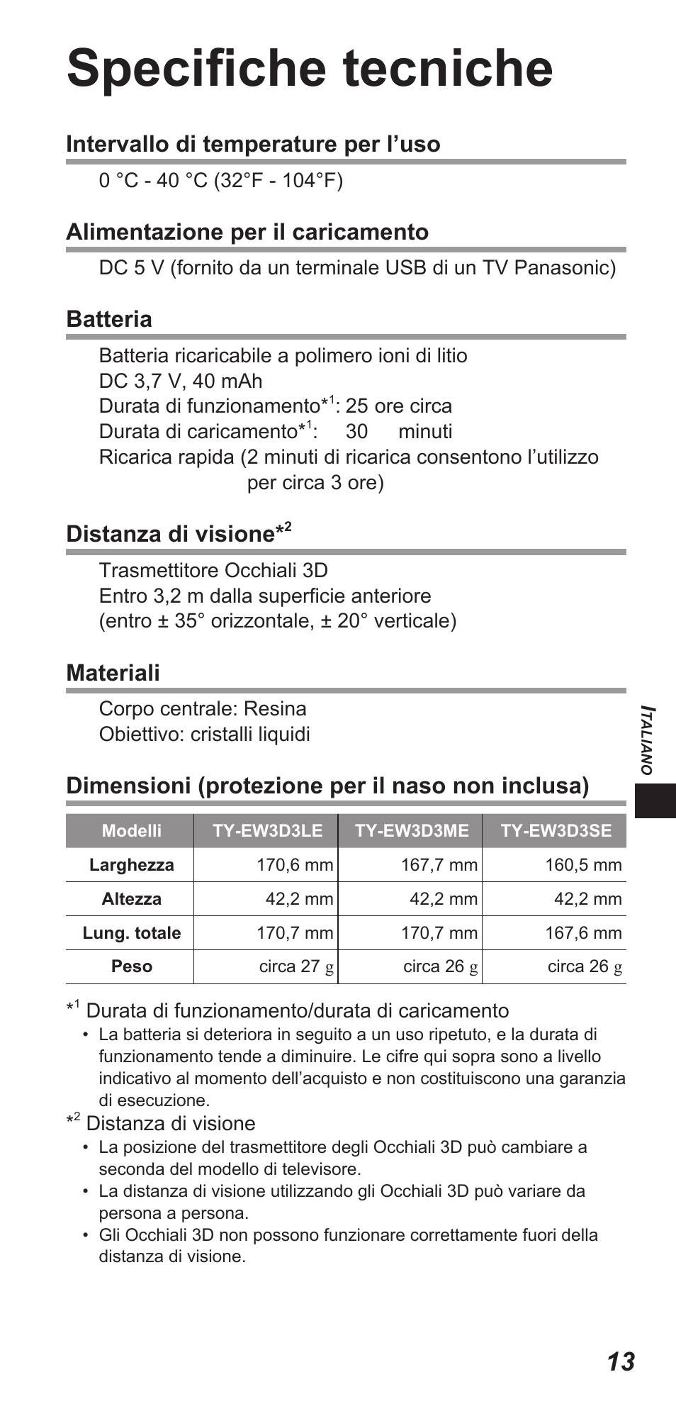 Specifiche tecniche, Intervallo di temperature per l’uso, Alimentazione per il caricamento | Batteria, Distanza di visione, Materiali, Dimensioni (protezione per il naso non inclusa) | Panasonic TYEW3D3LE User Manual | Page 83 / 208