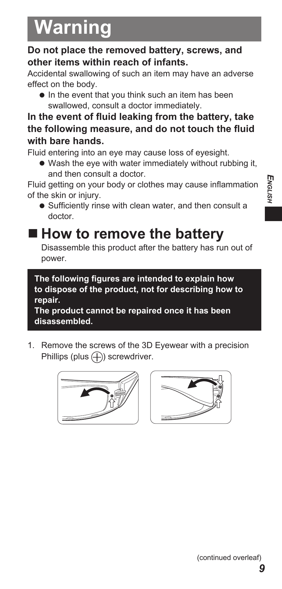 Warning, How to remove the battery | Panasonic TYEW3D3LE User Manual | Page 9 / 208