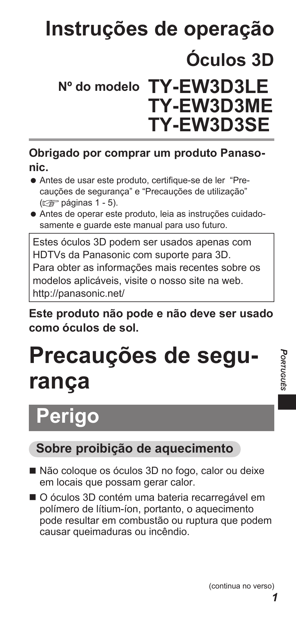 Precauções de segu- rança, Instruções de operação, Perigo | Óculos 3d | Panasonic TYEW3D3LE User Manual | Page 99 / 208