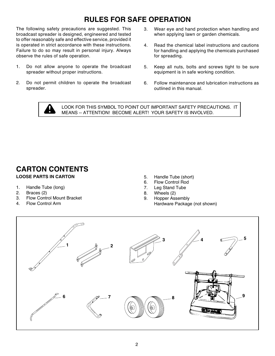 Rules for safe operation, Carton contents | Agri-Fab 45-02142 User Manual | Page 2 / 12